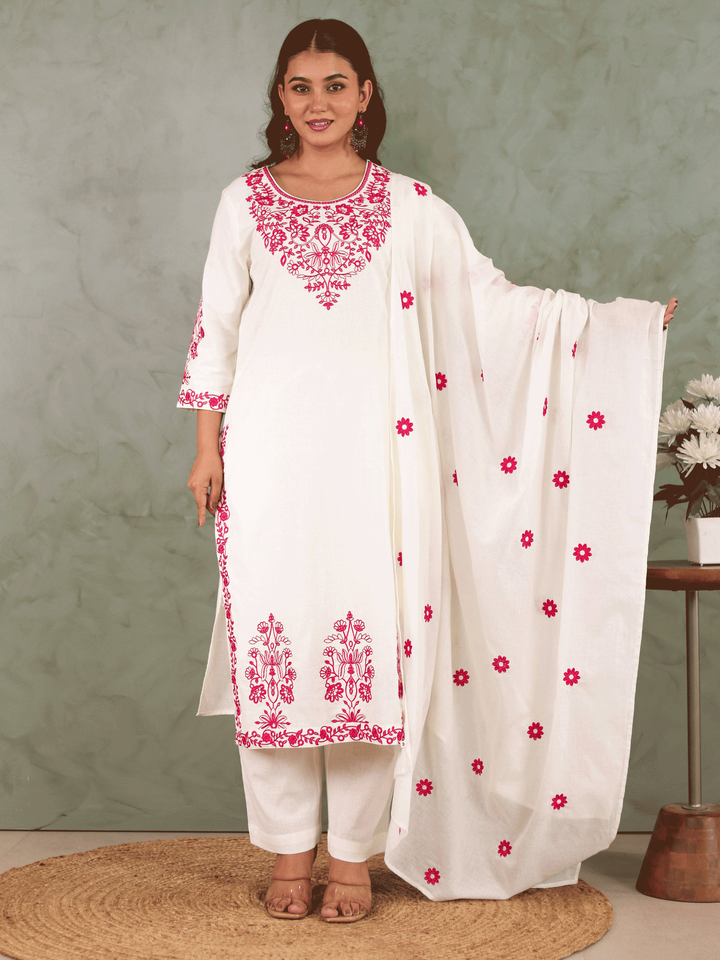 Embroidered Linen cotton Solid Straight Off White Kurta
