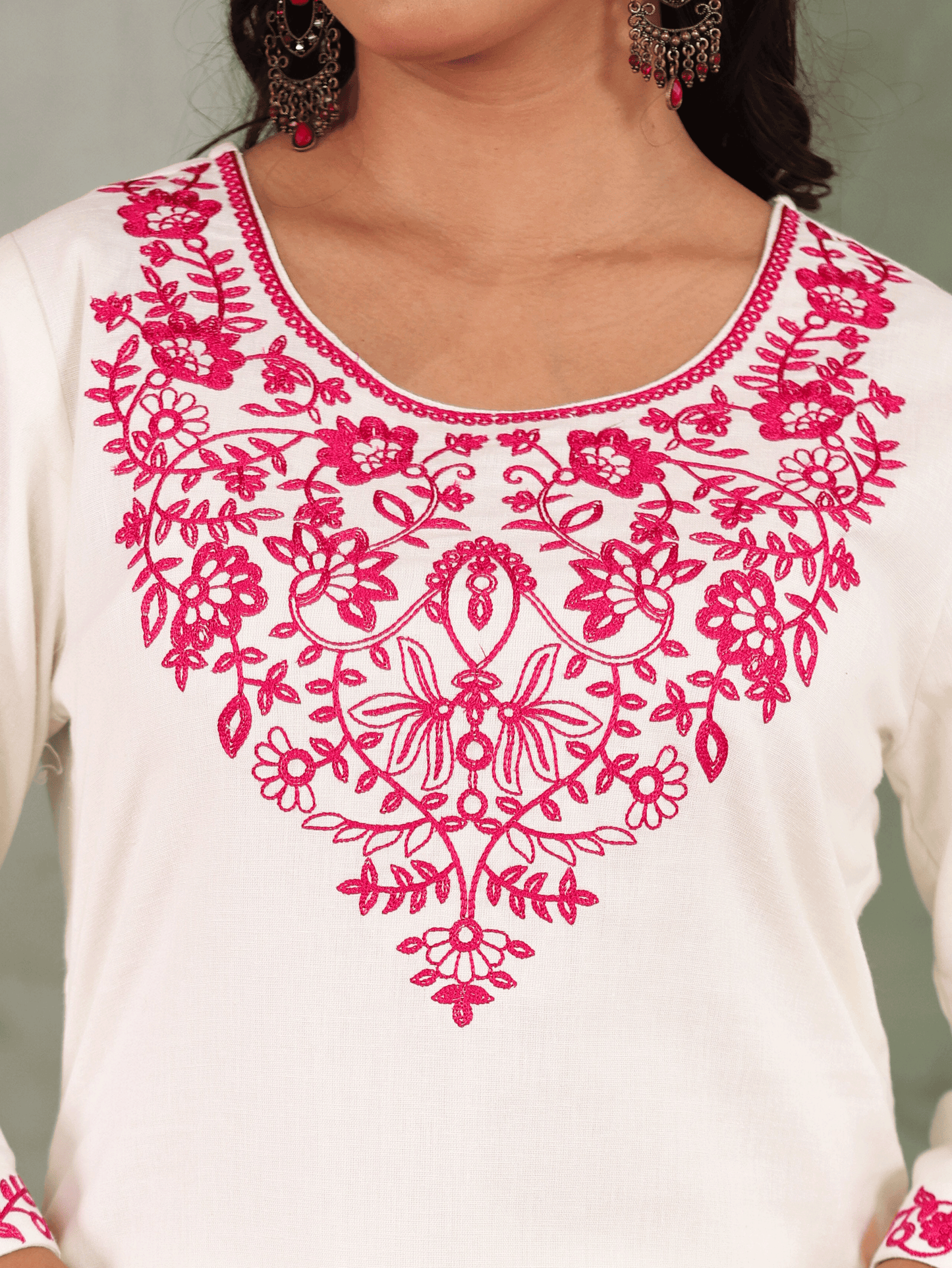 Embroidered Linen cotton Solid Straight Off White Kurta