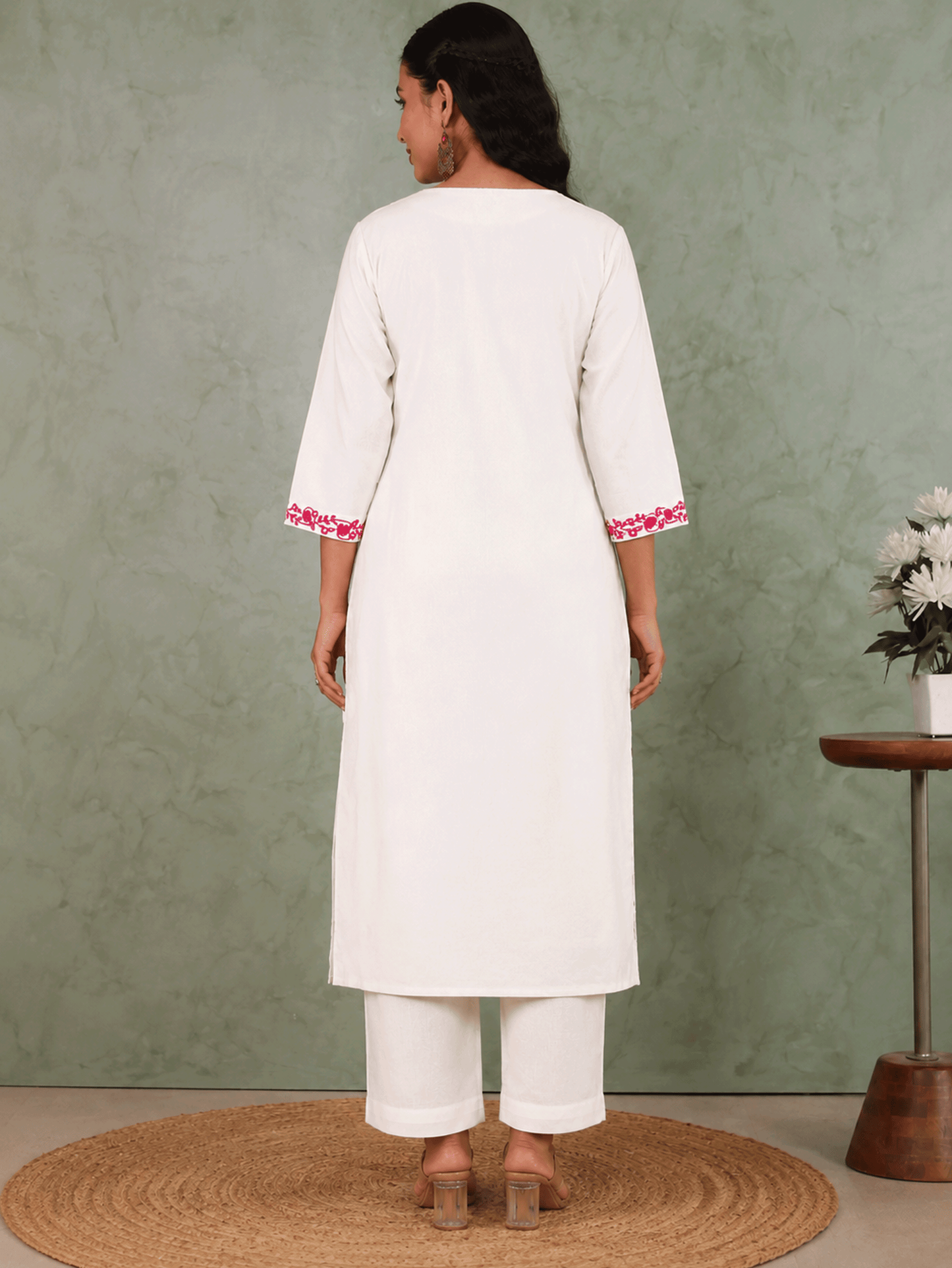 Embroidered Linen cotton Solid Straight Off White Kurta