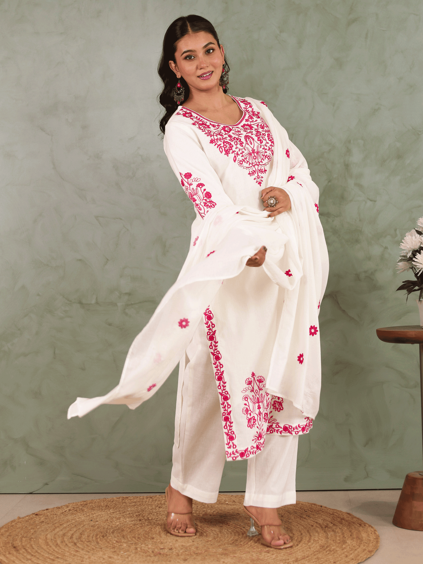 Embroidered Linen cotton Solid Straight Off White Kurta