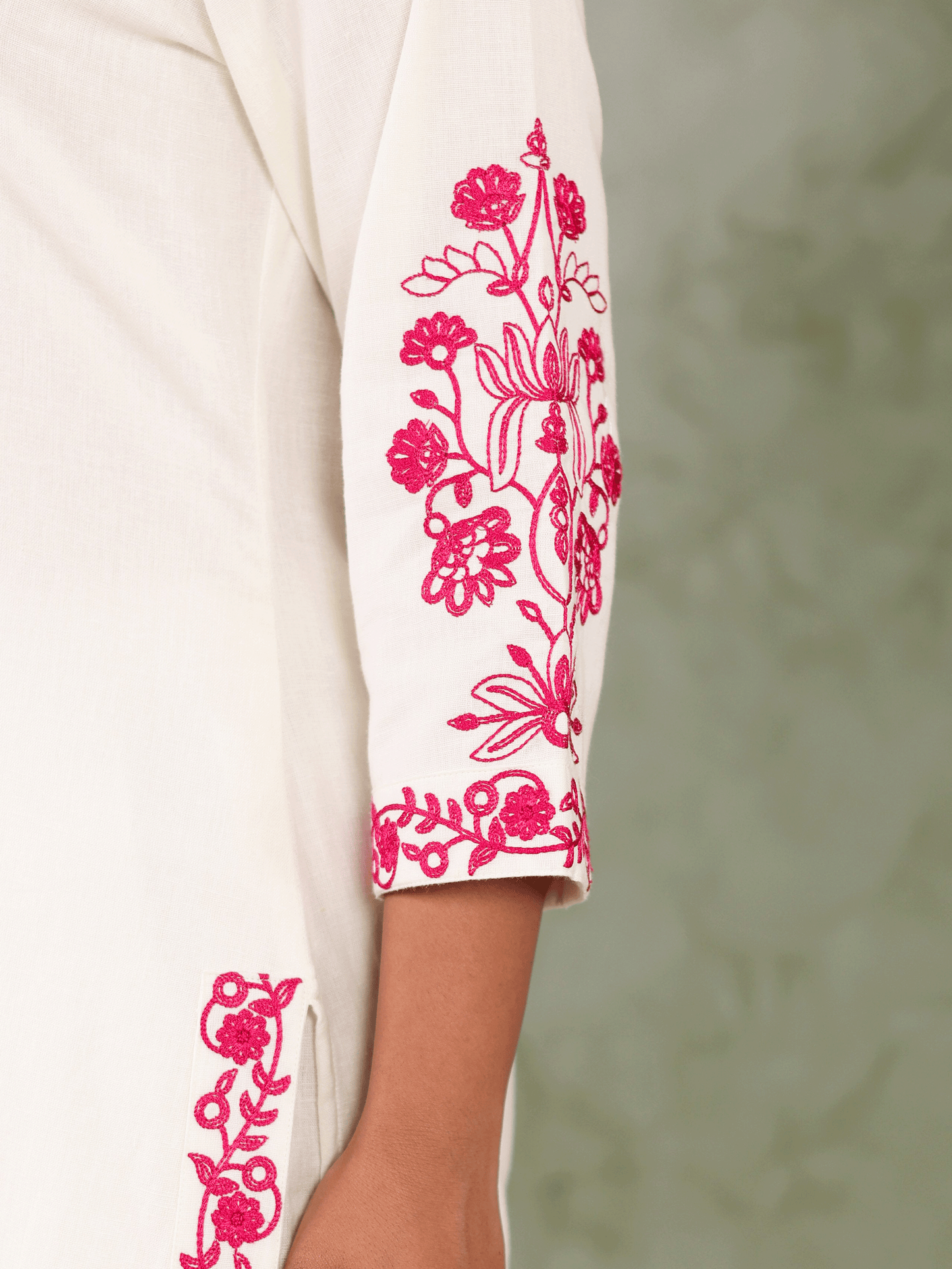Embroidered Linen cotton Solid Straight Off White Kurta