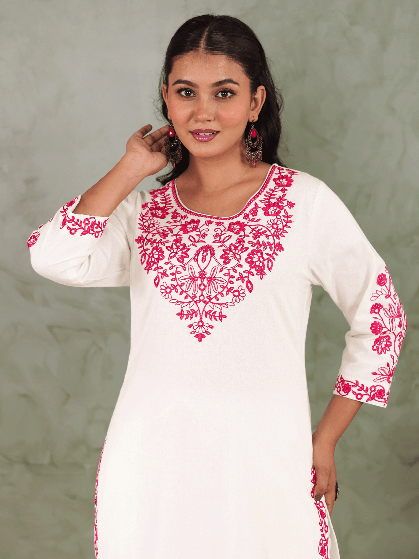 Embroidered Linen cotton Solid Straight Off White Kurta