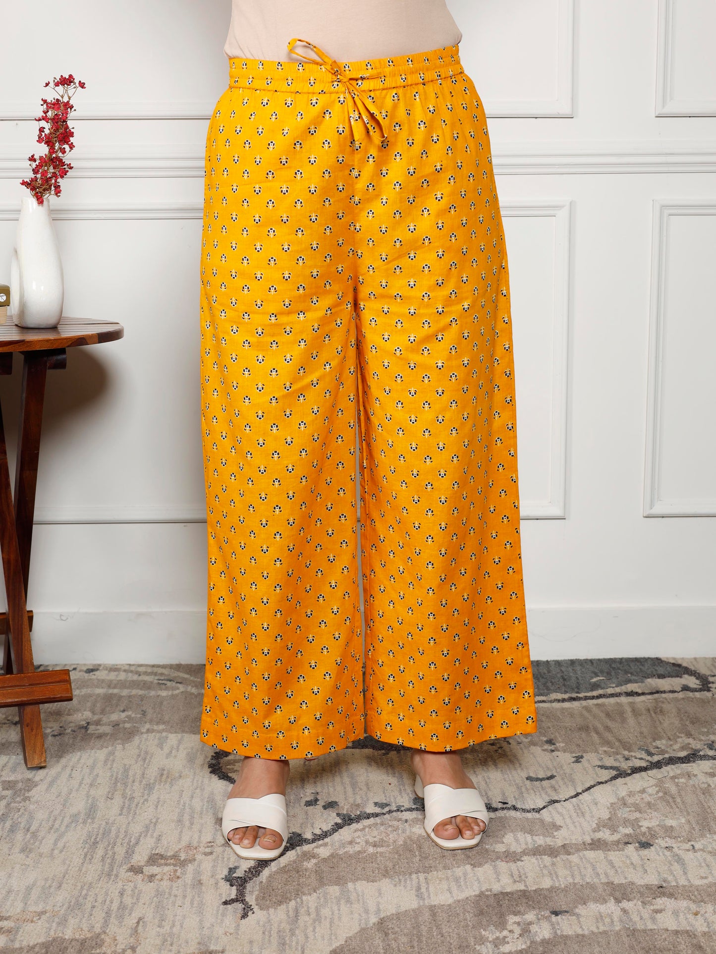 Soft cotton Floral Yellow Flared Trousers