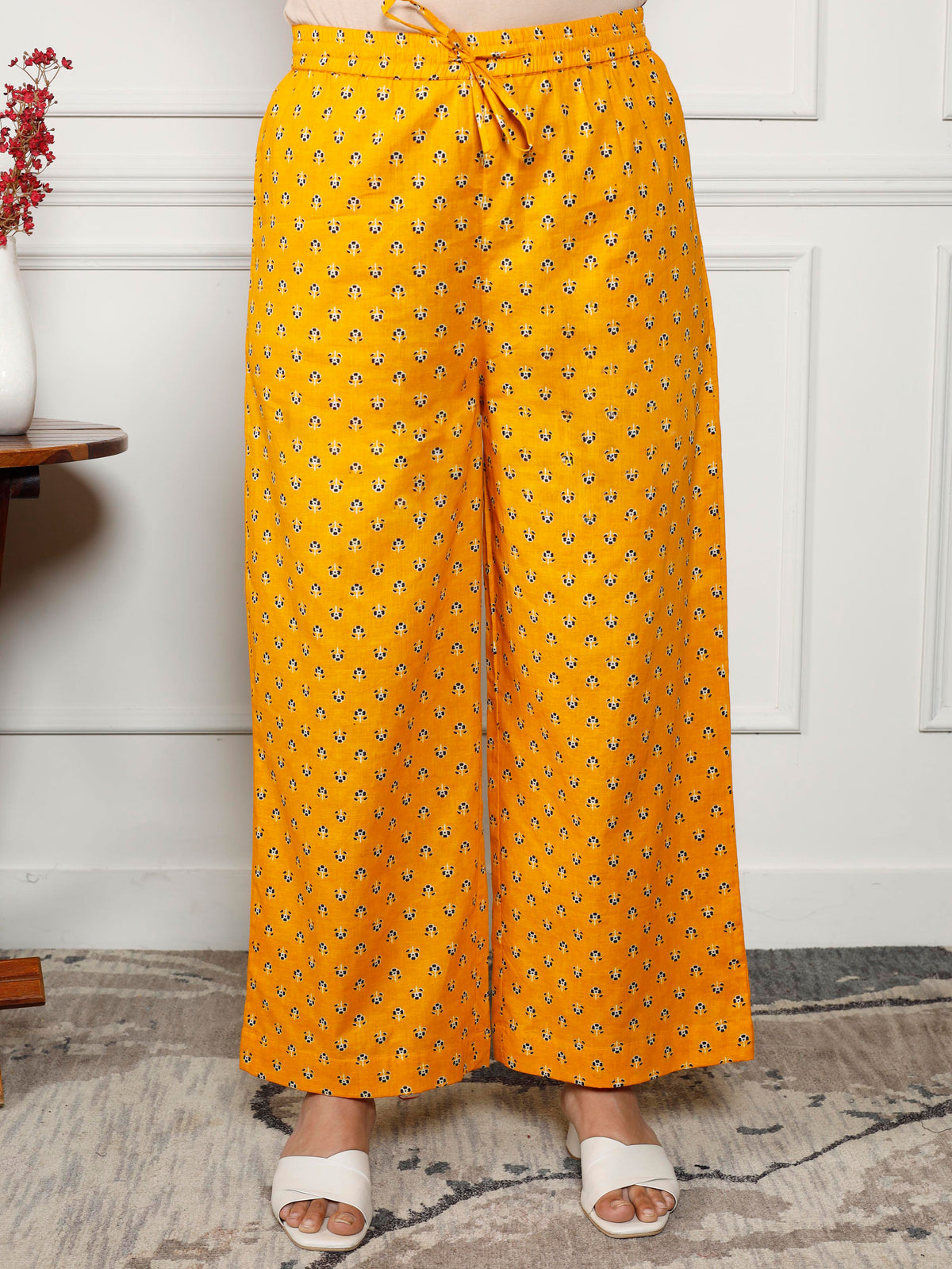 Soft Cotton Floral Yellow Flared Trousers