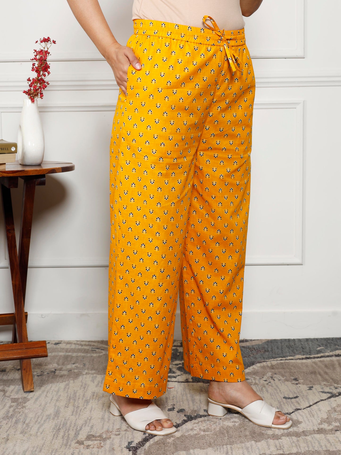 Soft cotton Floral Yellow Flared Trousers