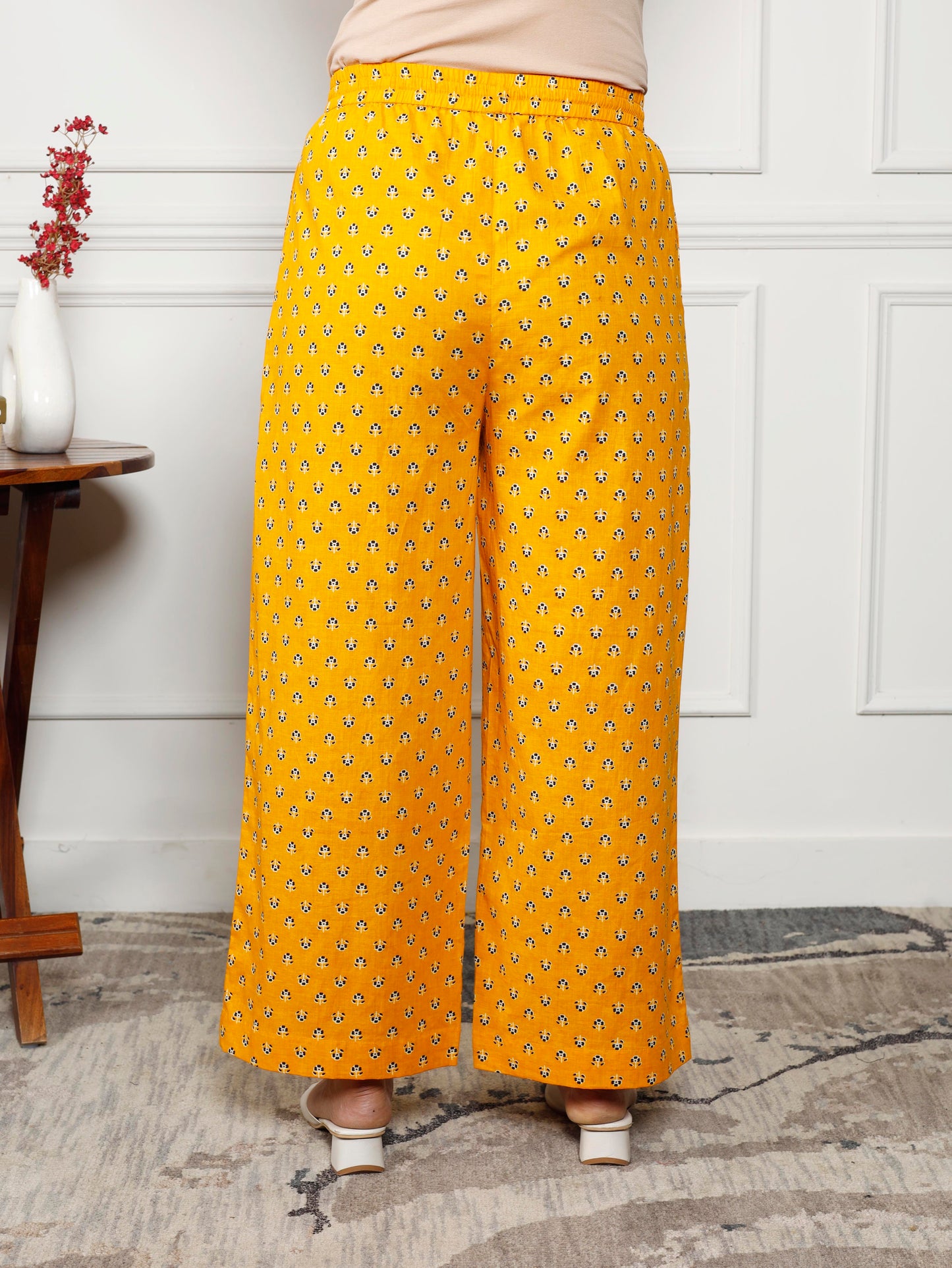 Soft cotton Floral Yellow Flared Trousers