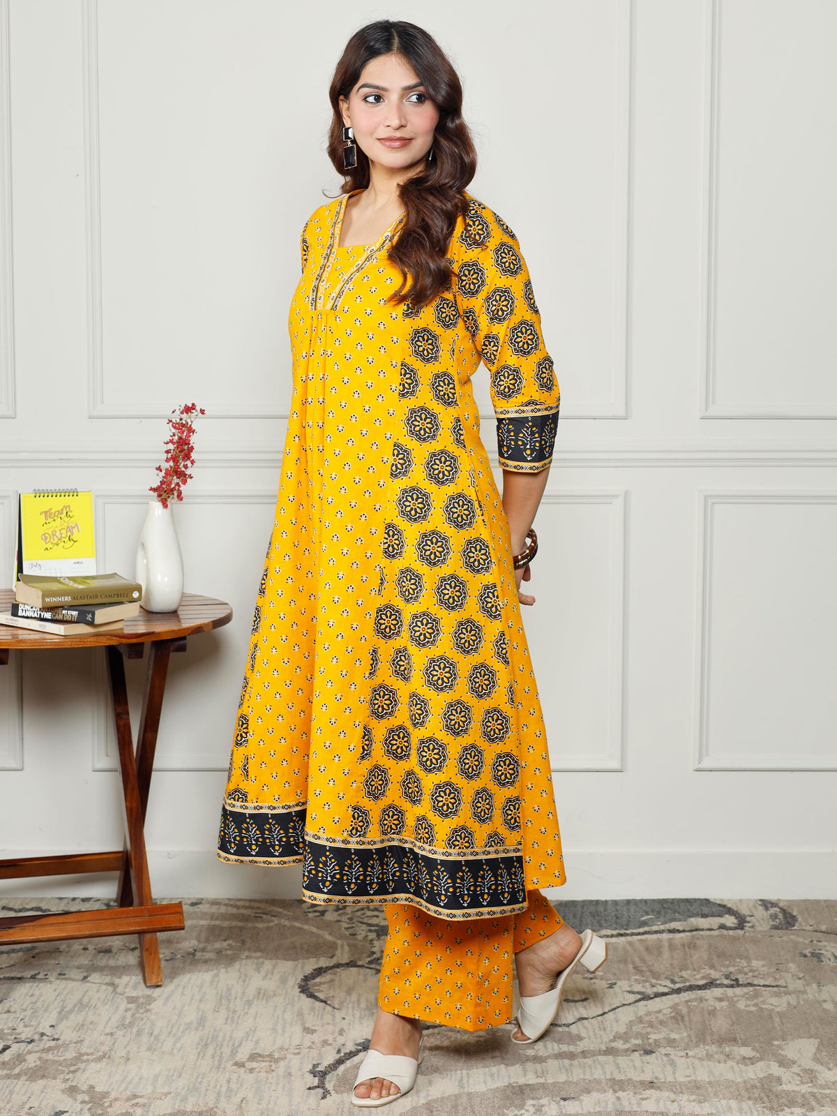 Soft Cotton Floral Anarkali Yellow Kurta