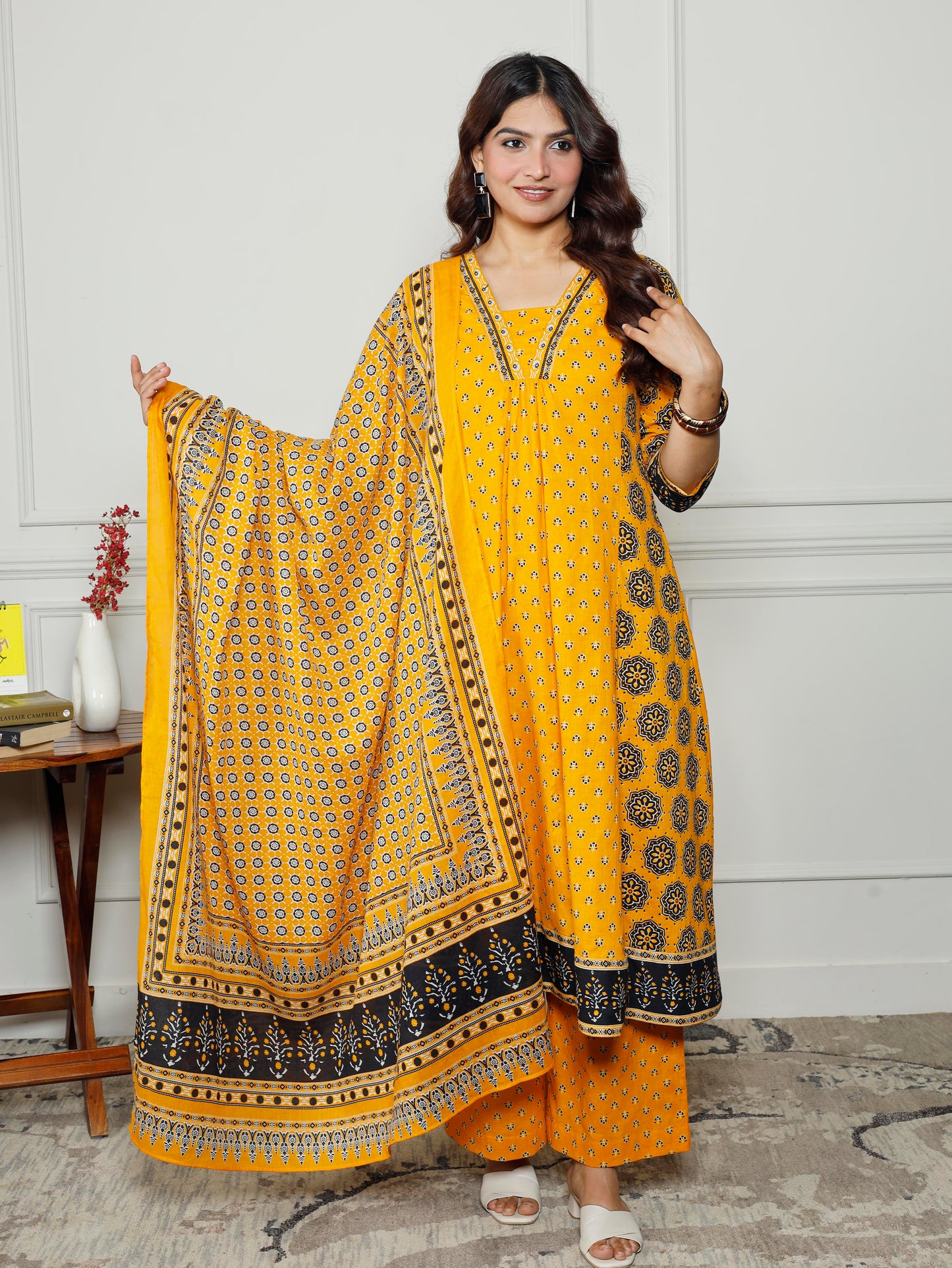 Soft cotton Floral Anarkali Yellow Kurta