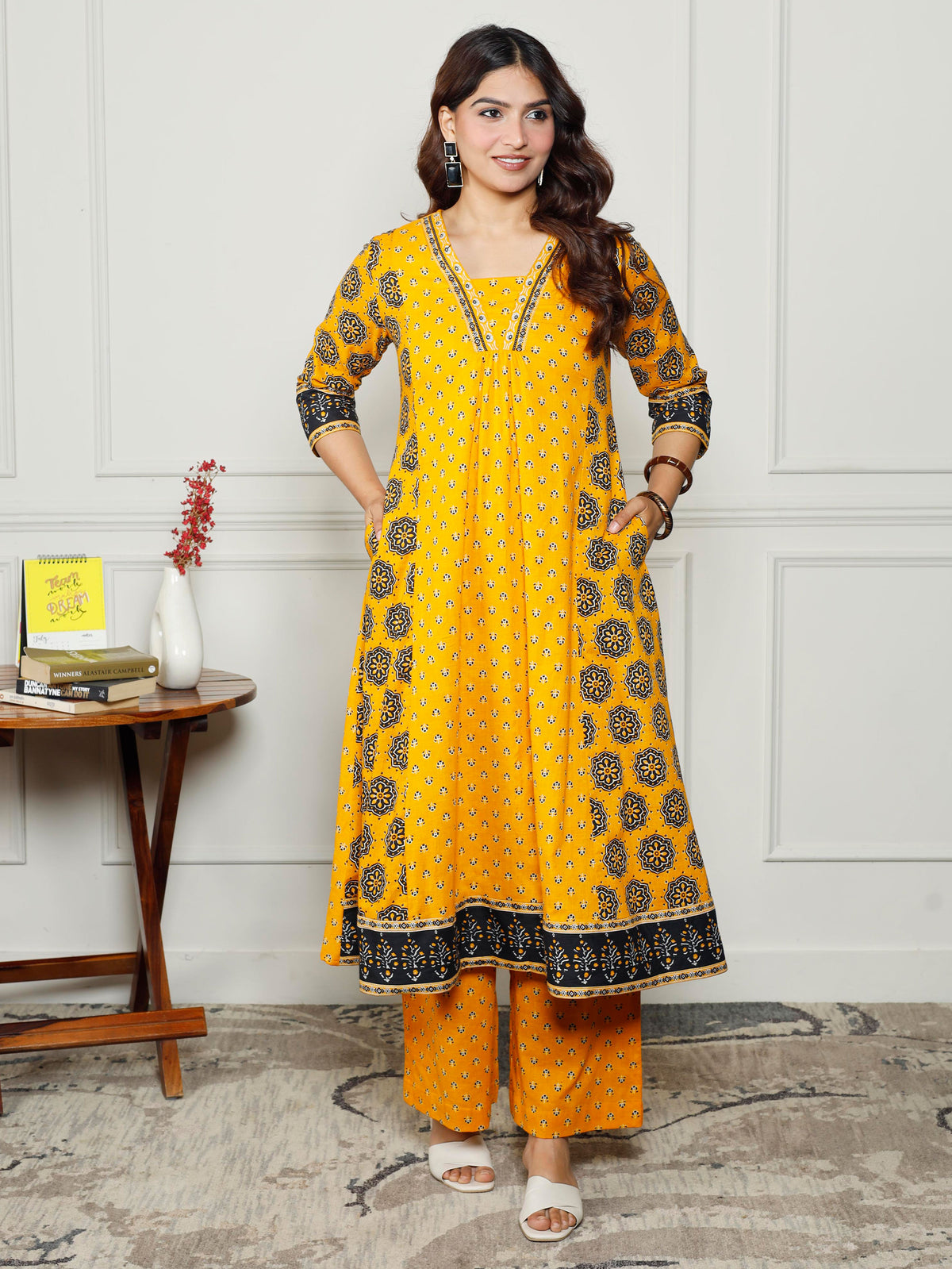 Soft Cotton Floral Anarkali Yellow Kurta