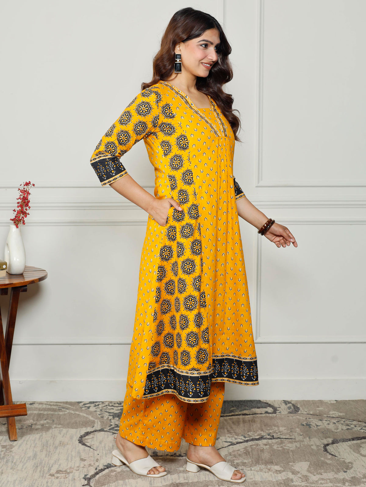 Soft Cotton Floral Anarkali Yellow Kurta