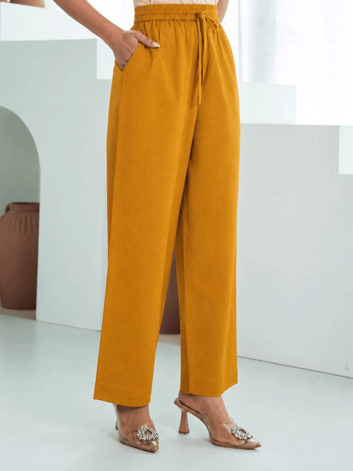 Soft Cotton Solid Mustard Straight Trousers