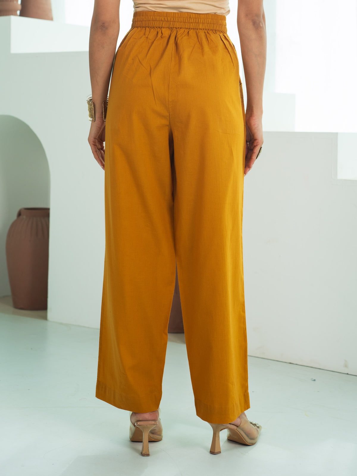 Soft Cotton Solid Mustard Straight Trousers