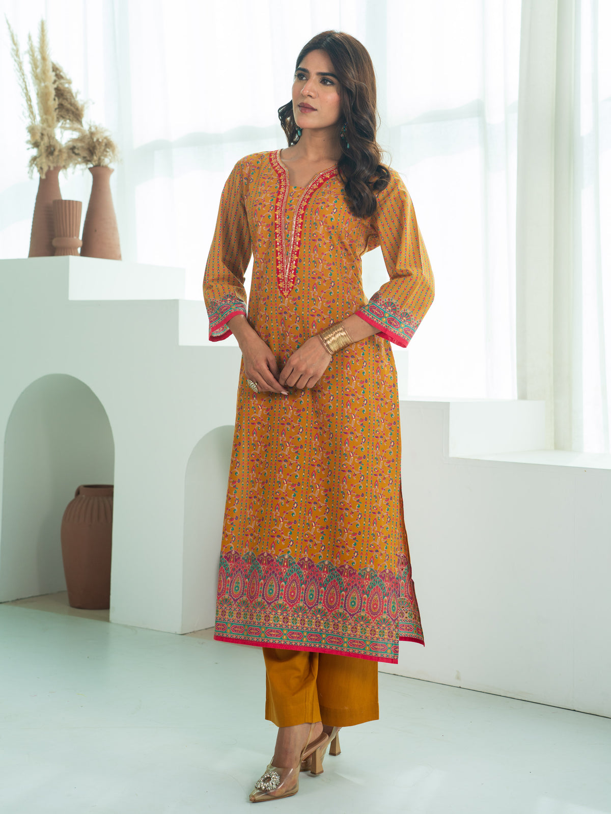 Embroidered Soft Cotton Floral Straight Mustard Kurta