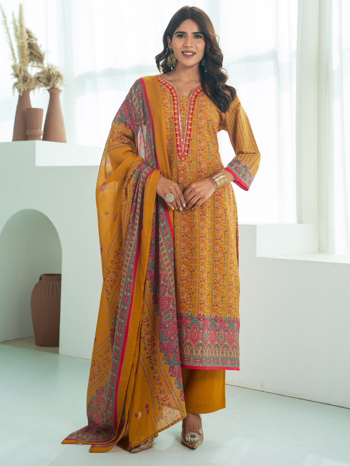 Embroidered Soft Cotton Floral Straight Mustard Kurta