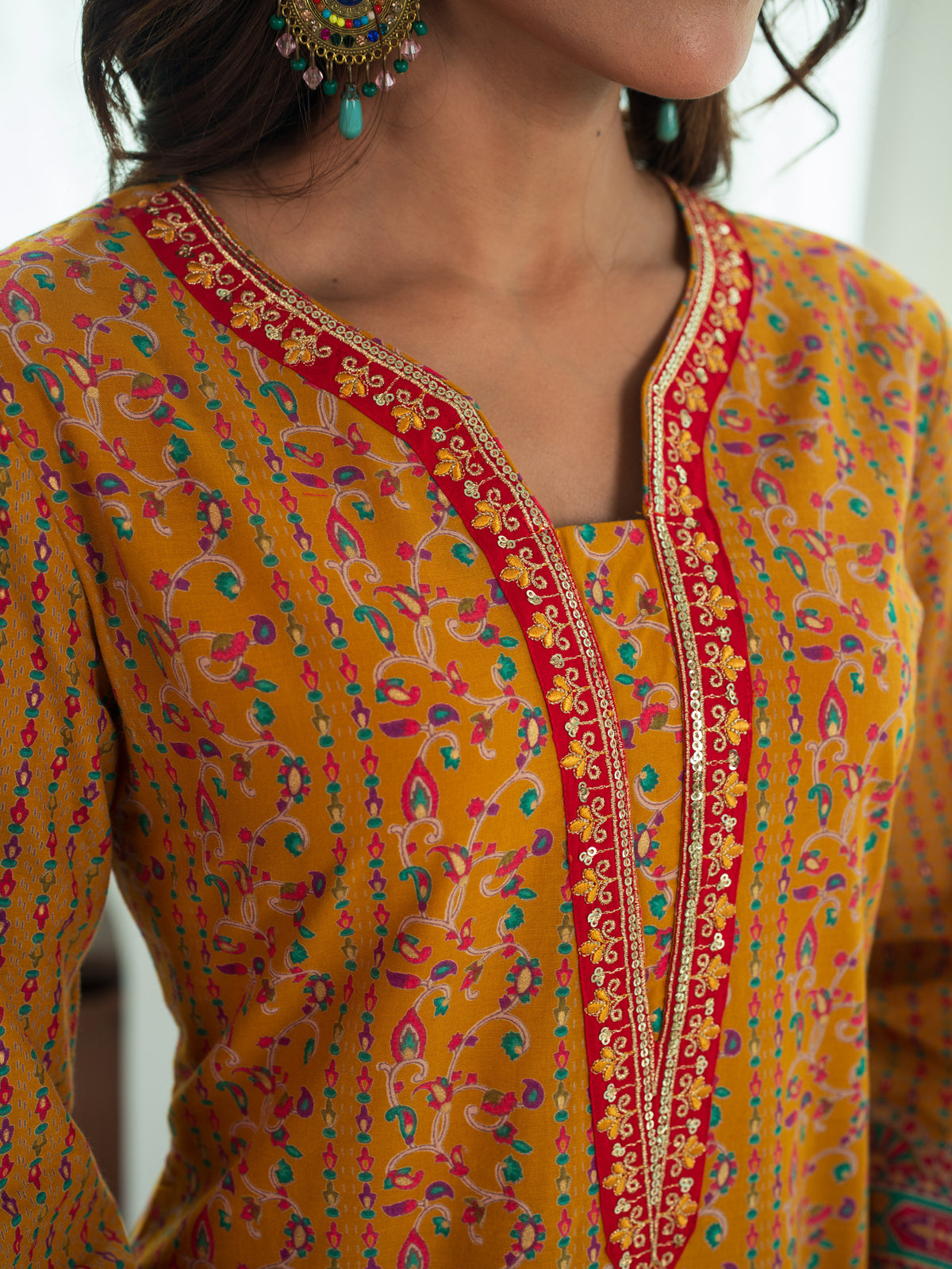 Embroidered Soft Cotton Floral Straight Mustard Kurta