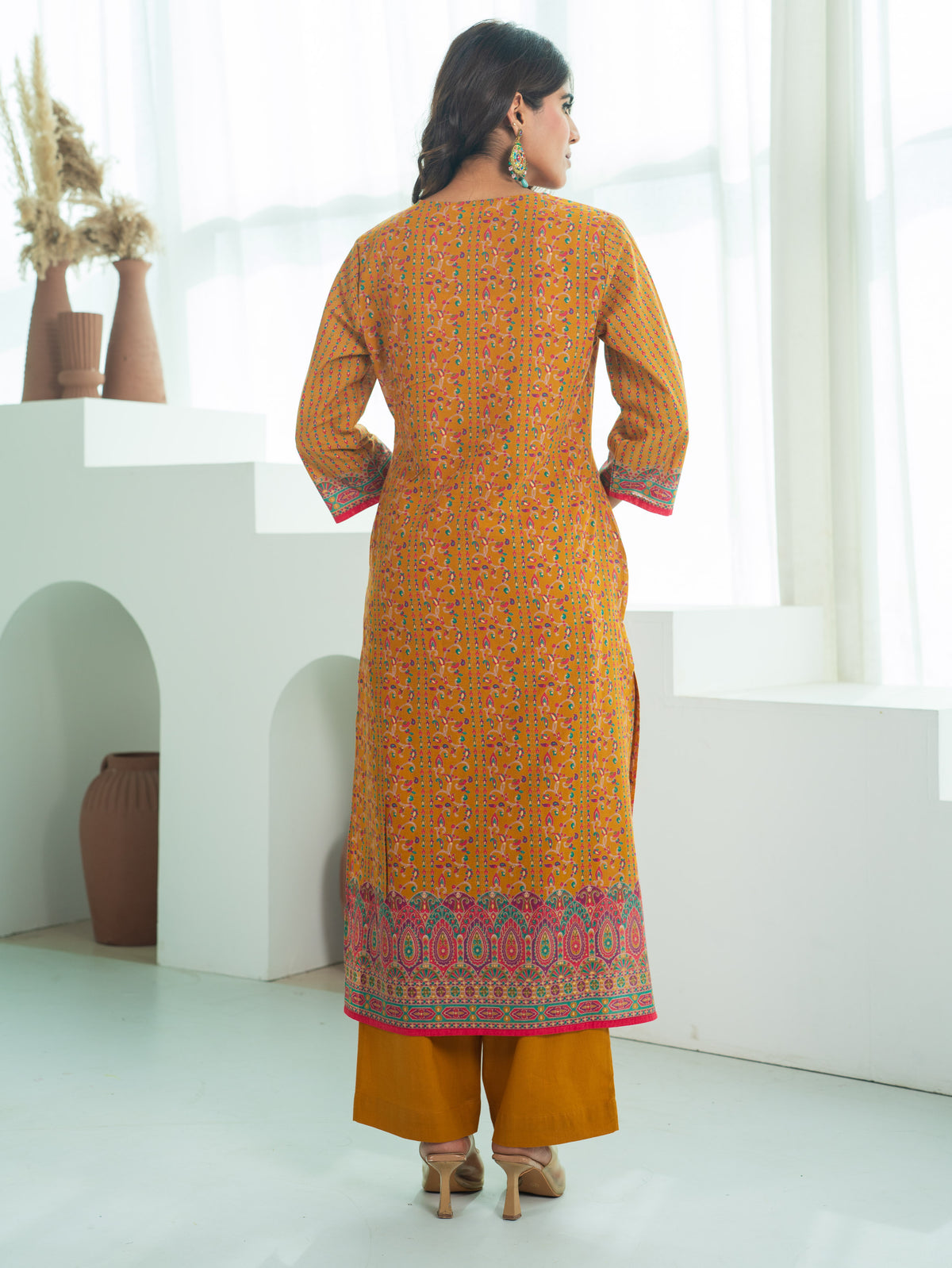 Embroidered Soft Cotton Floral Straight Mustard Kurta