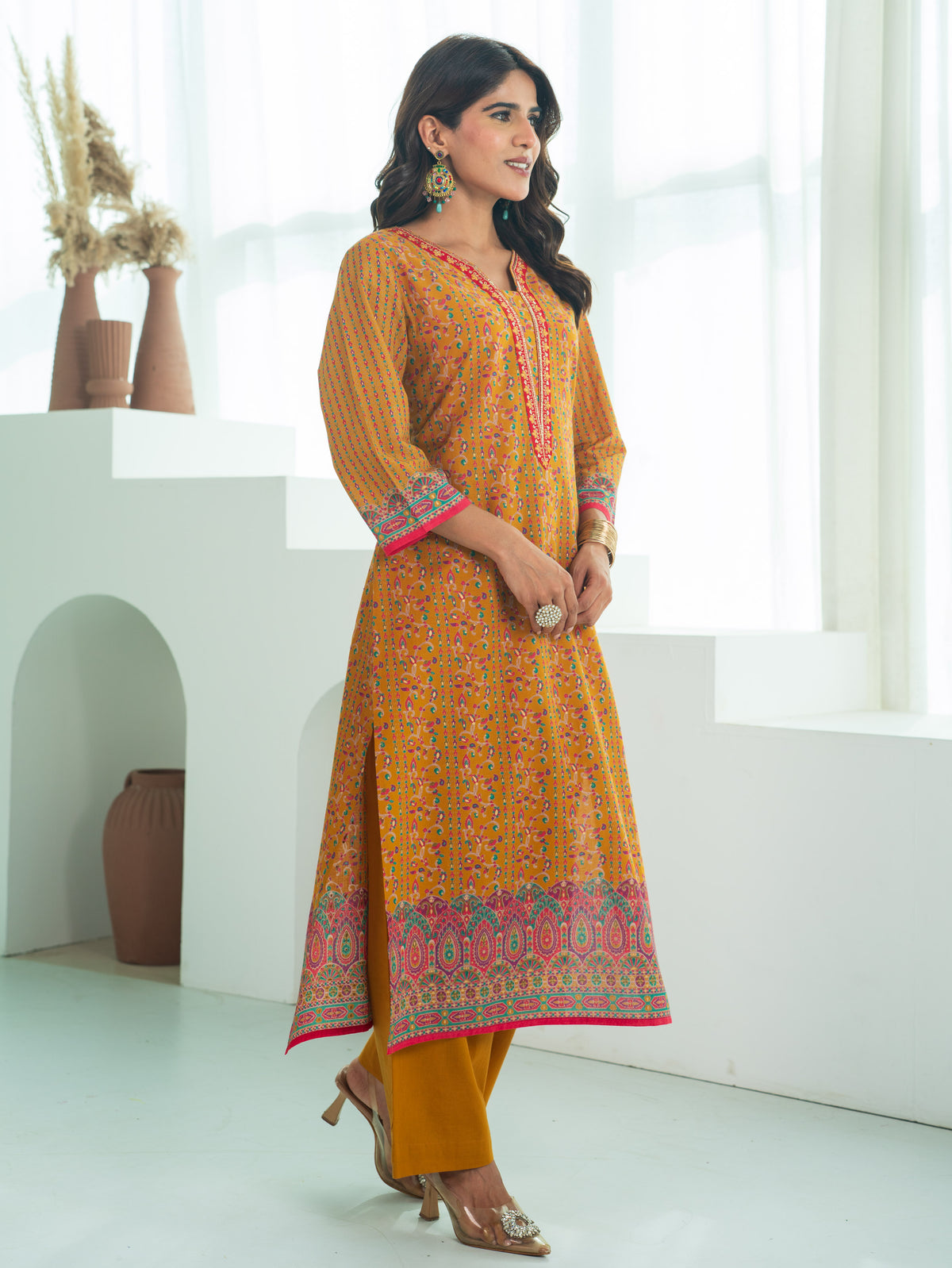 Embroidered Soft Cotton Floral Straight Mustard Kurta