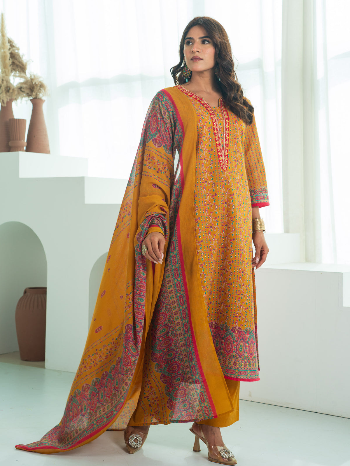 Embroidered Soft Cotton Floral Straight Mustard Kurta