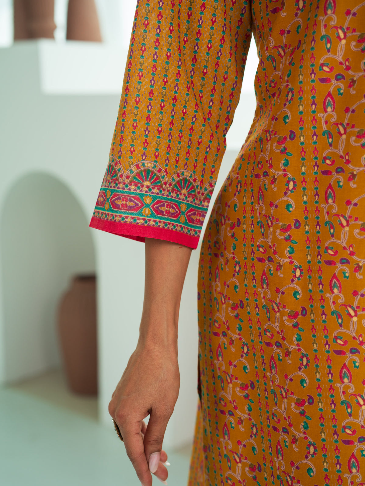 Embroidered Soft Cotton Floral Straight Mustard Kurta