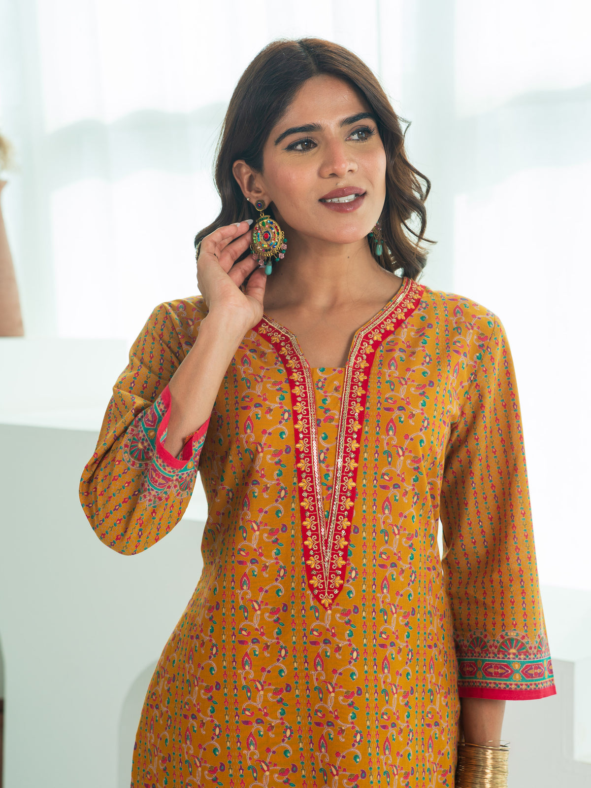 Embroidered Soft Cotton Floral Straight Mustard Kurta