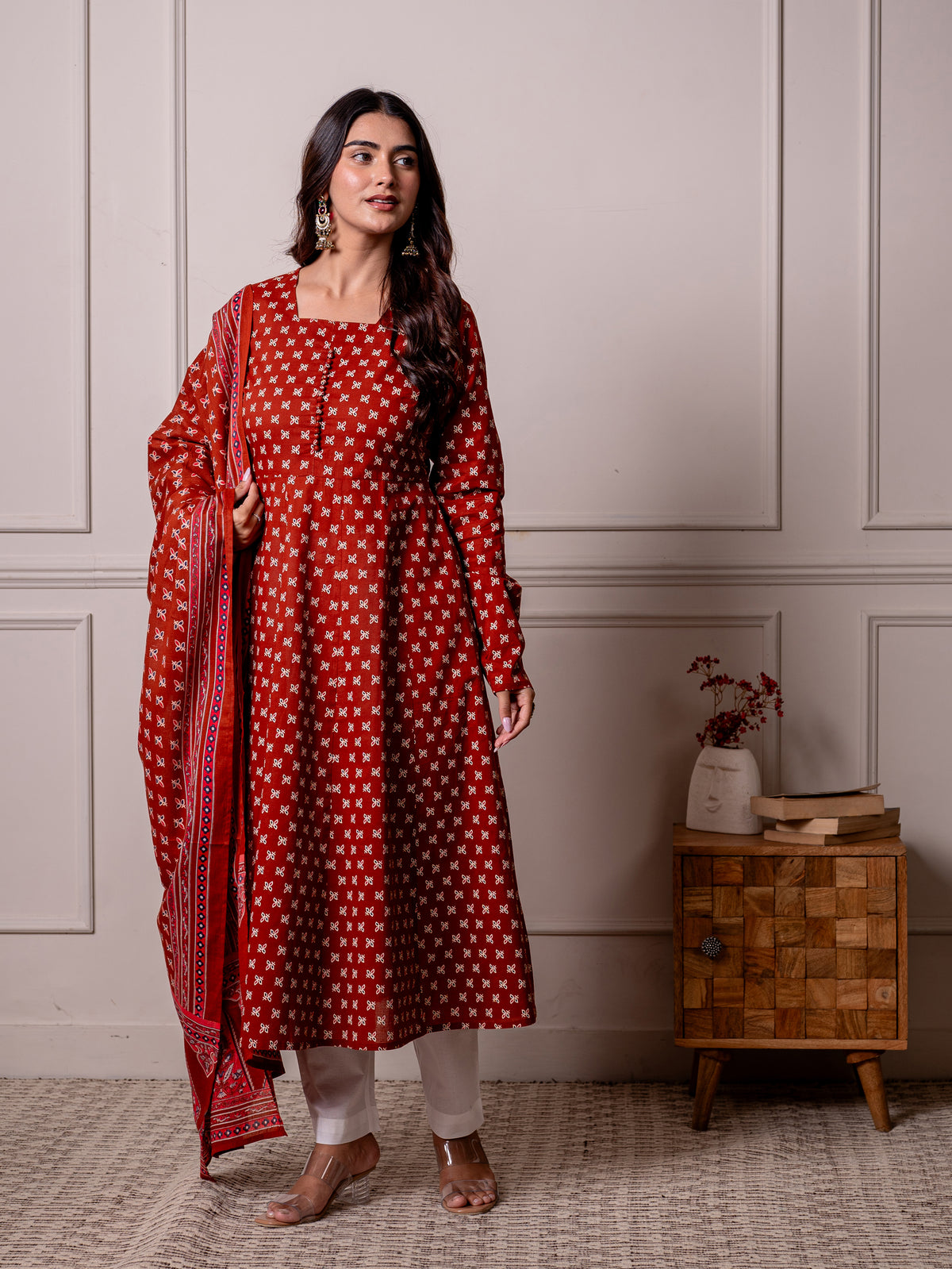 Soft Cotton Butti Anarkali Rust Kurta
