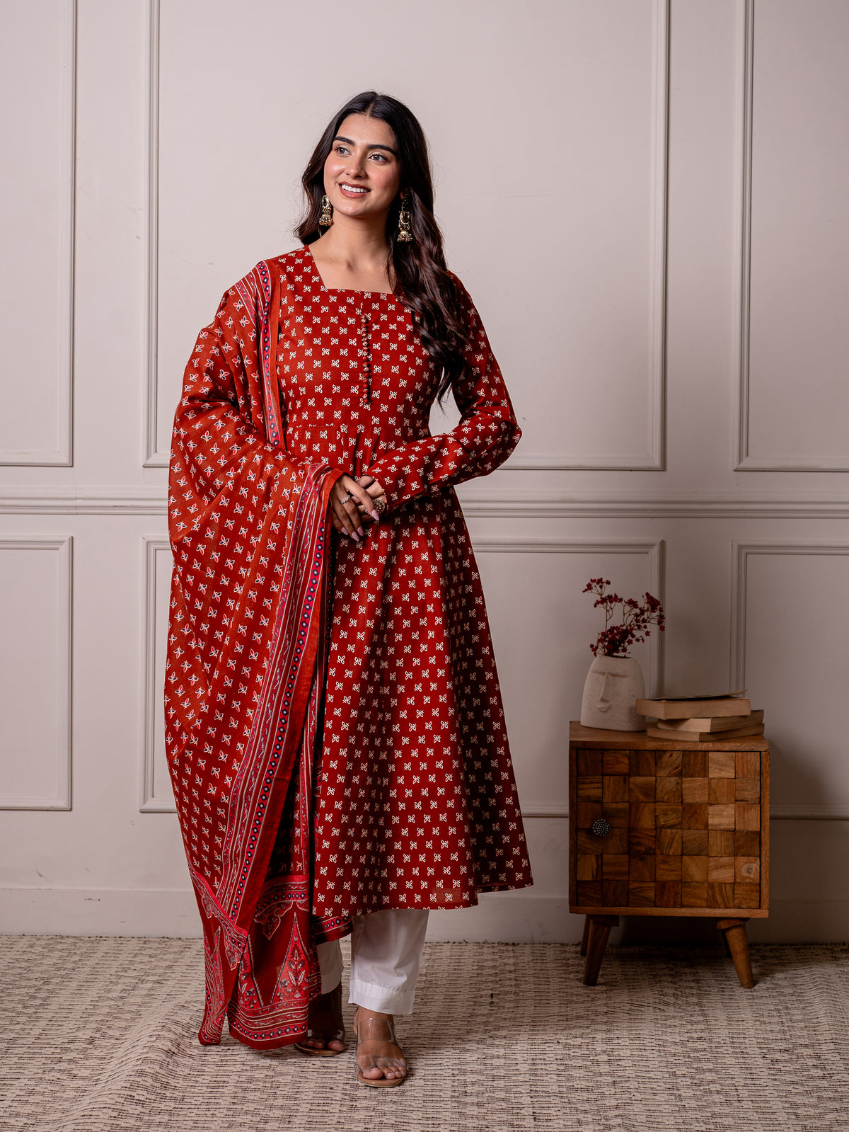 Soft Cotton Butti Anarkali Rust Kurta