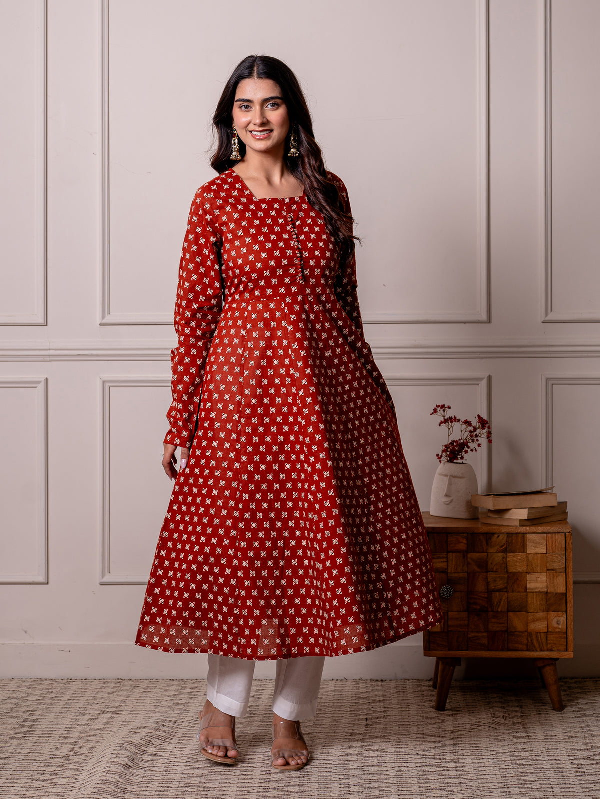 Soft Cotton Butti Anarkali Rust Kurta