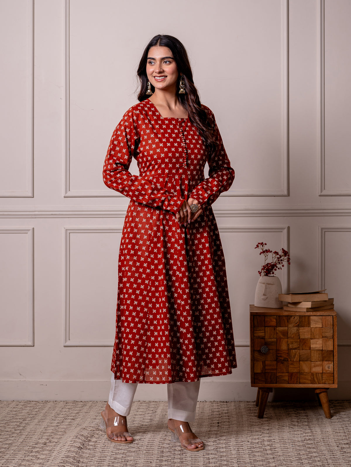 Soft Cotton Butti Anarkali Rust Kurta