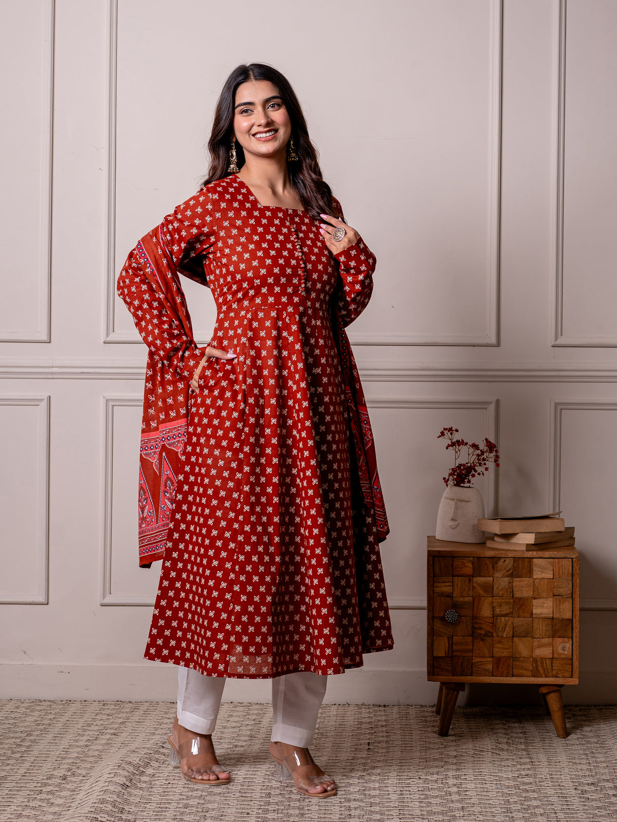Soft Cotton Butti Anarkali Rust Kurta