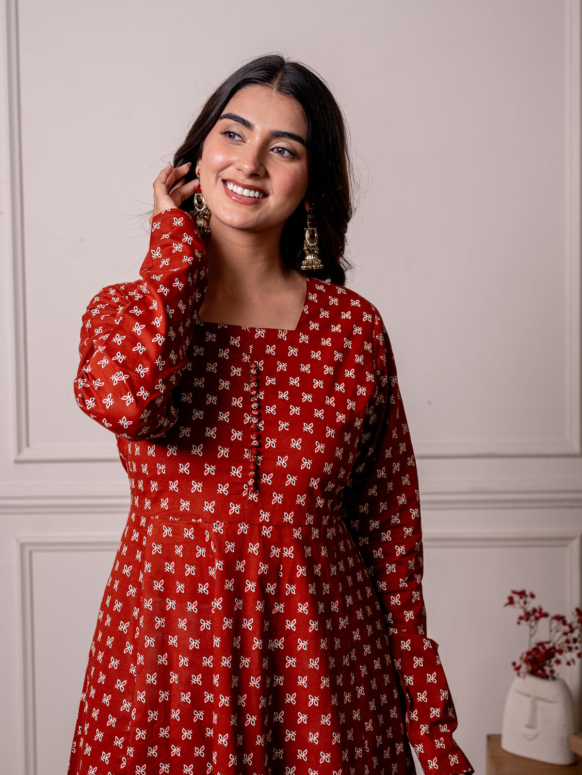 Soft Cotton Butti Anarkali Rust Kurta