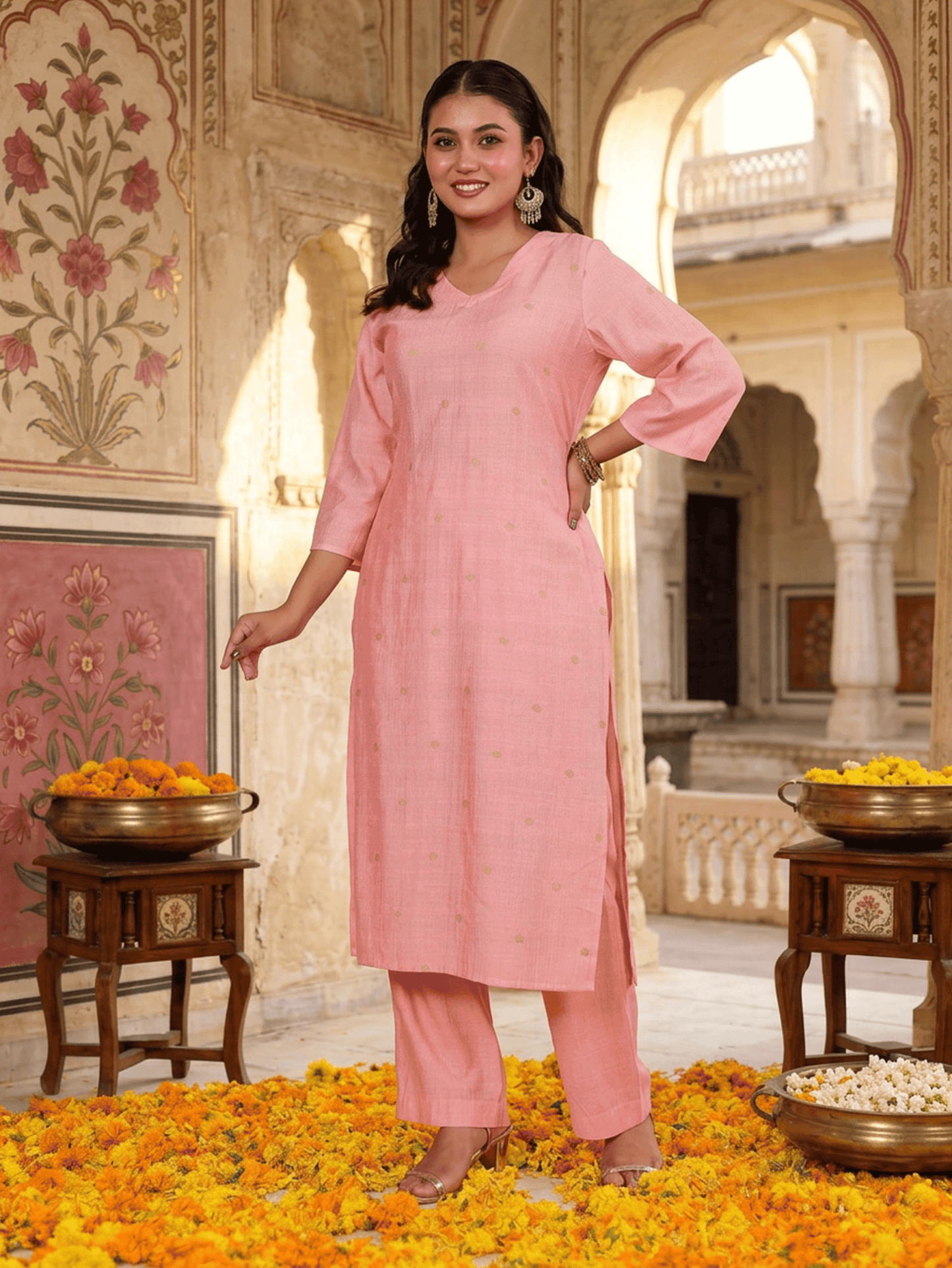 Blended silk Butti Straight Pink Kurta
