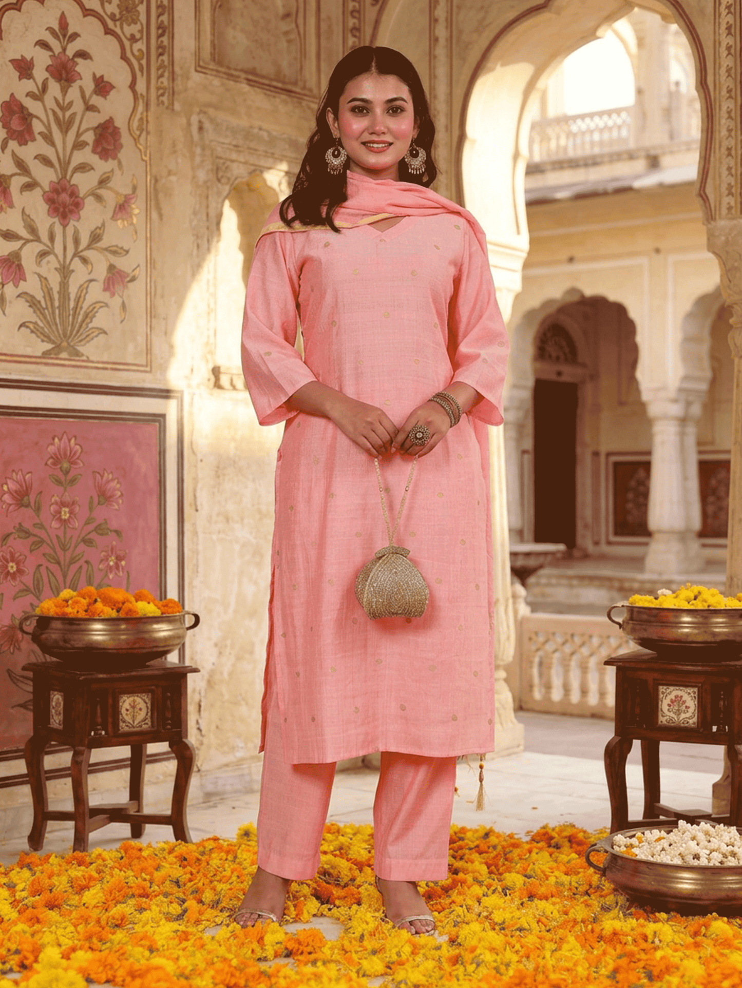 Blended silk Butti Straight Pink Kurta
