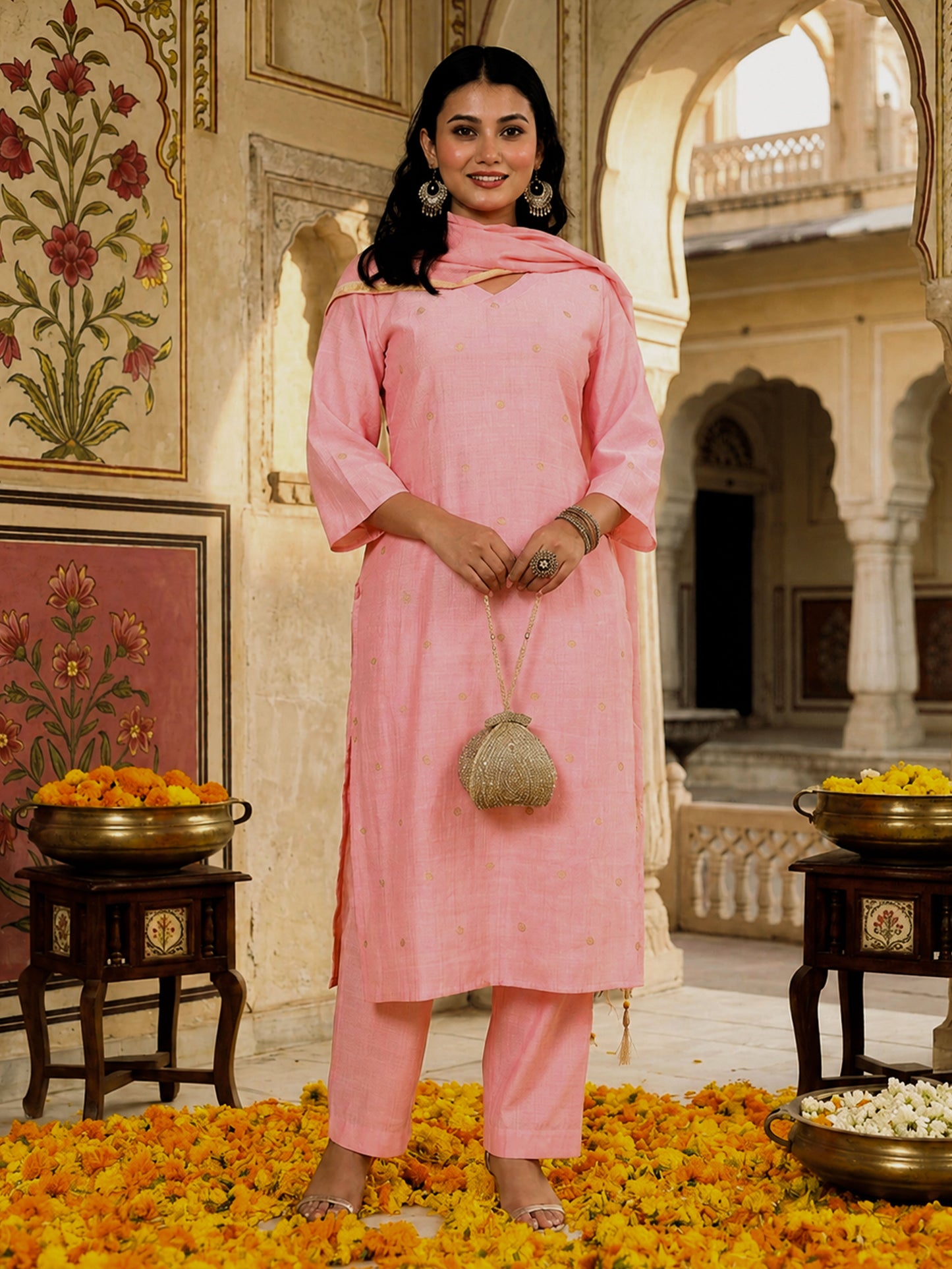 Blended silk Butti Straight Pink Kurta