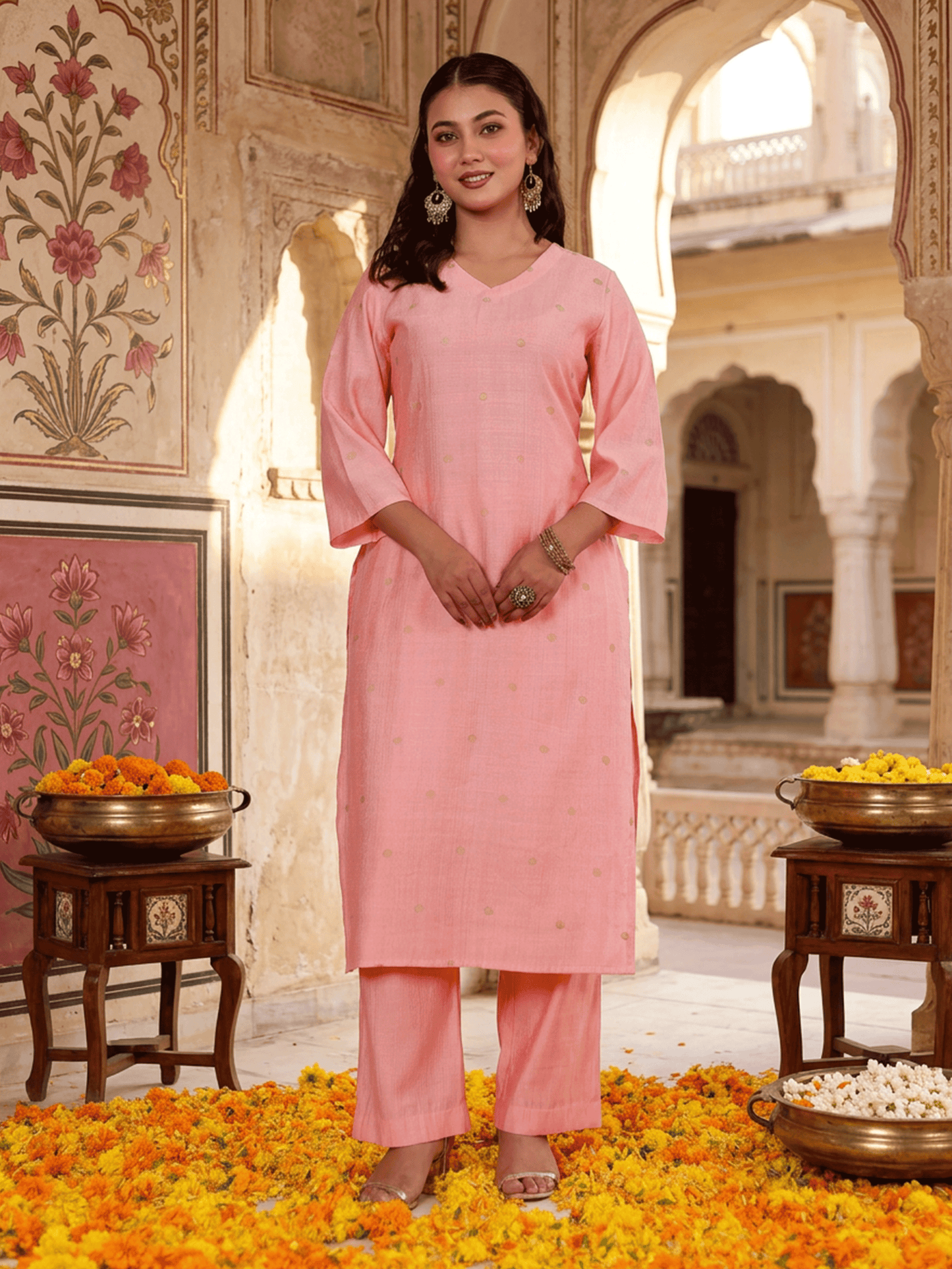 Blended silk Butti Straight Pink Kurta