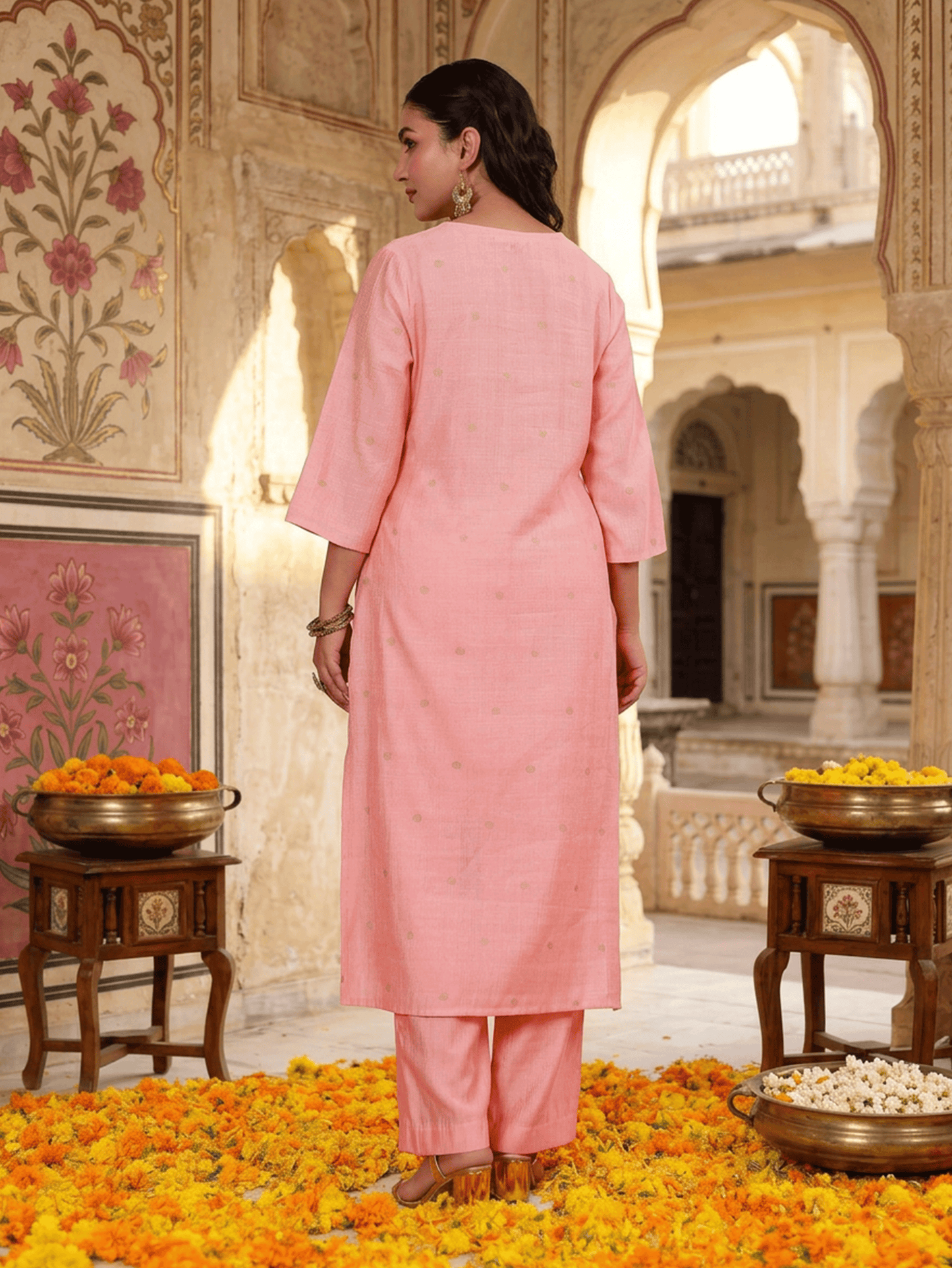 Blended silk Butti Straight Pink Kurta