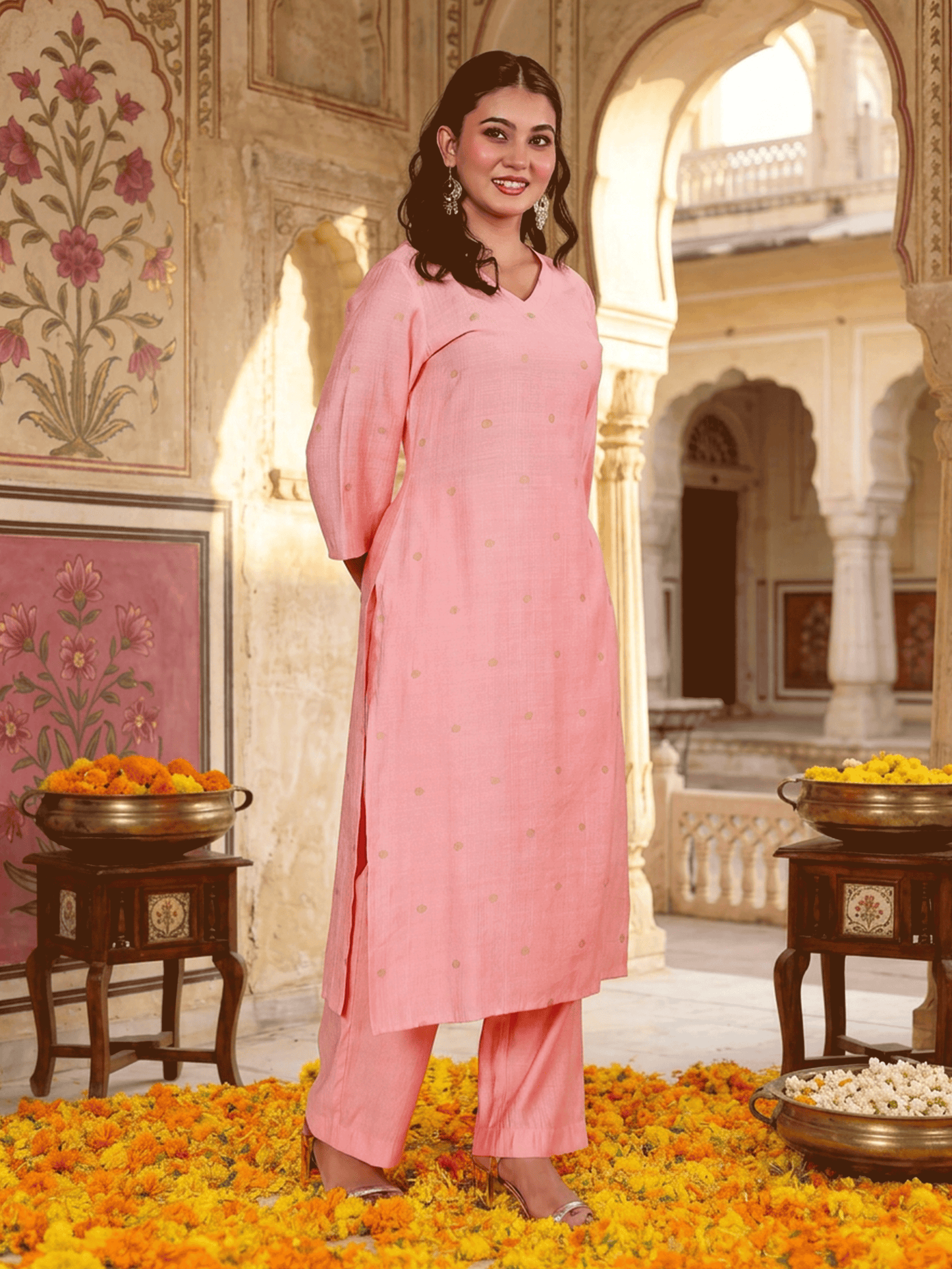 Blended silk Butti Straight Pink Kurta