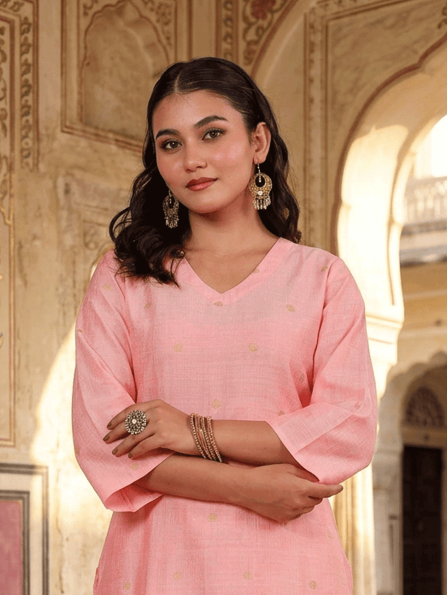 Blended silk Butti Straight Pink Kurta