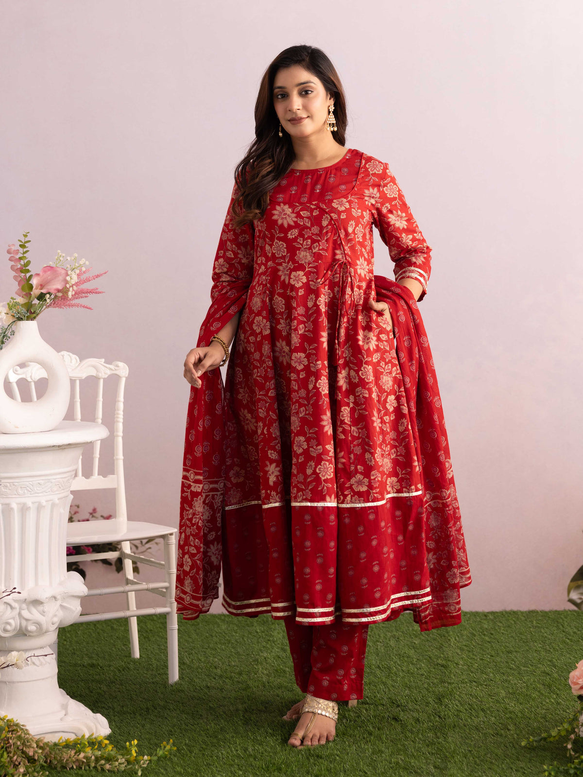 Embroidered Soft Cotton Floral Anarkali Maroon Kurta