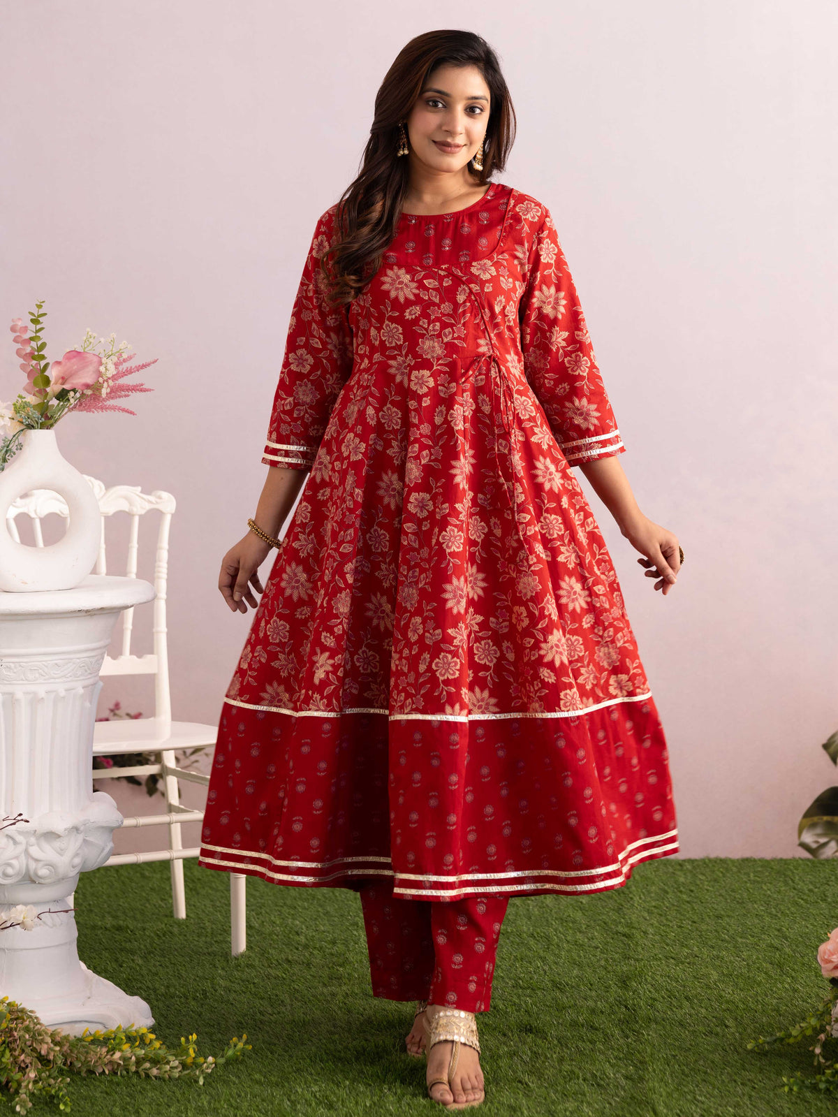 Embroidered Soft Cotton Floral Anarkali Maroon Kurta