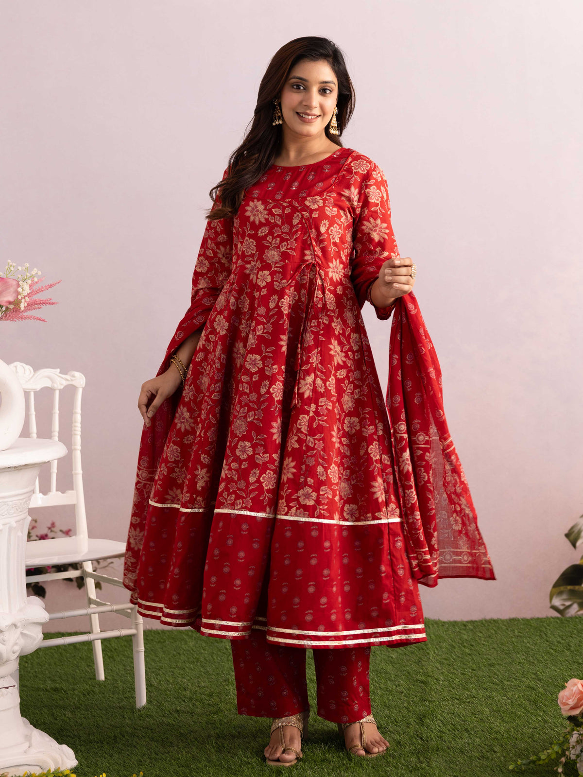 Embroidered Soft Cotton Floral Anarkali Maroon Kurta