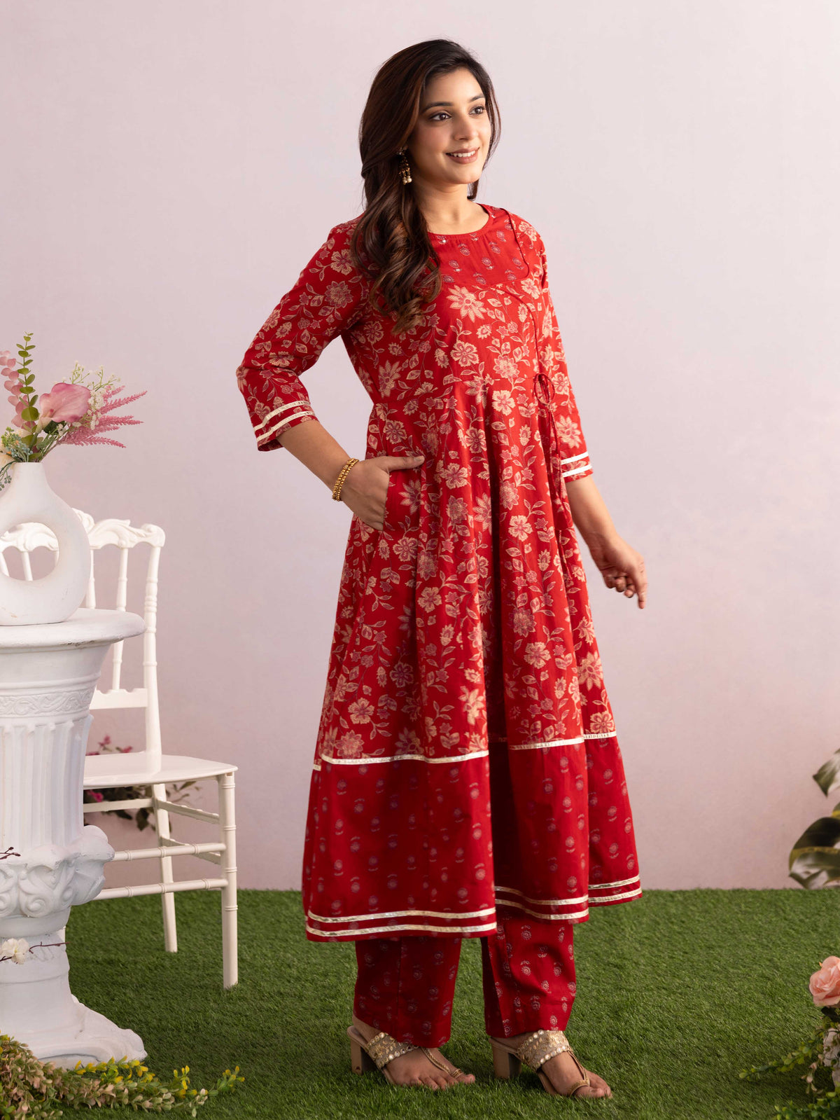 Embroidered Soft Cotton Floral Anarkali Maroon Kurta