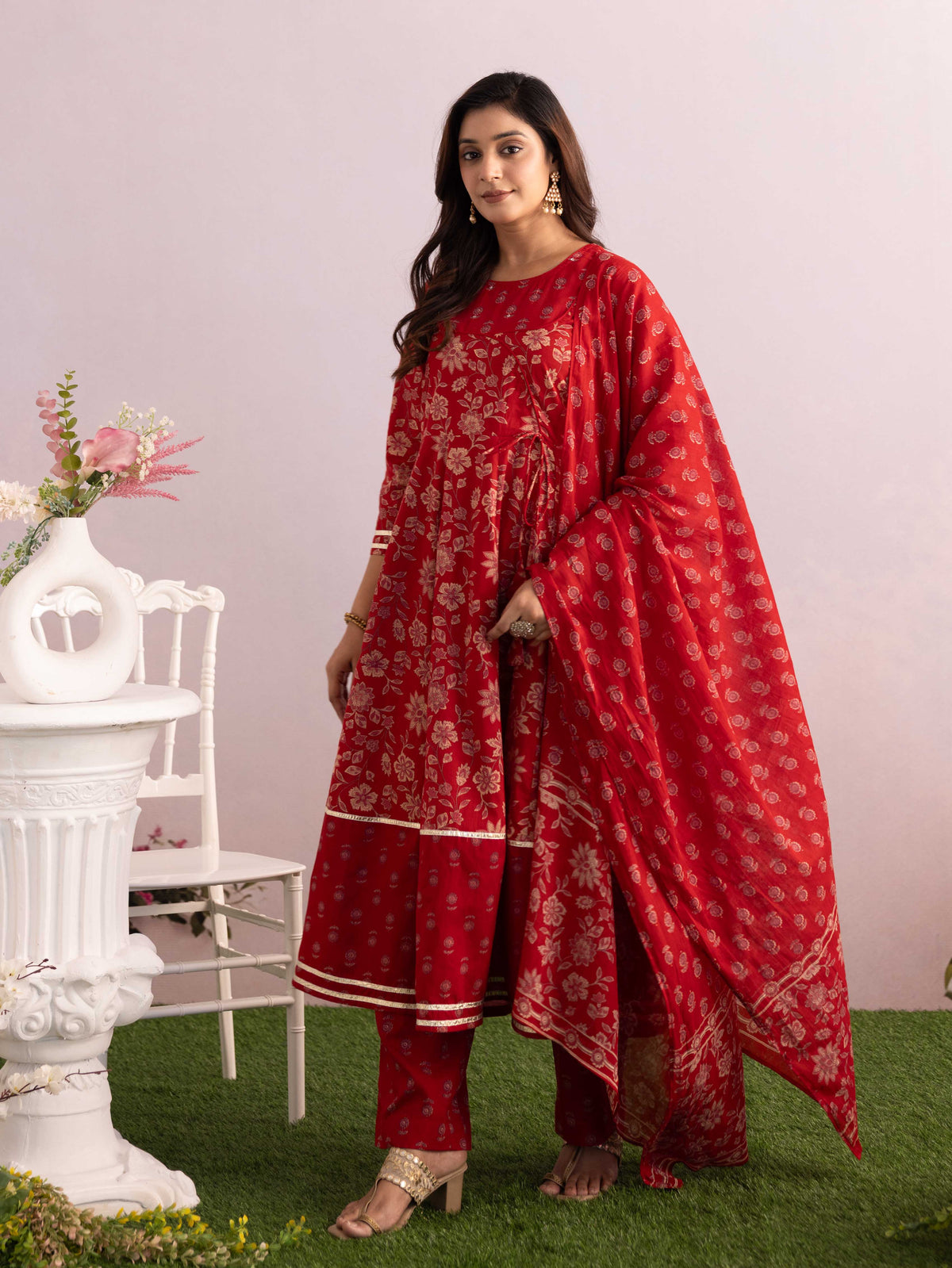 Embroidered Soft Cotton Floral Anarkali Maroon Kurta