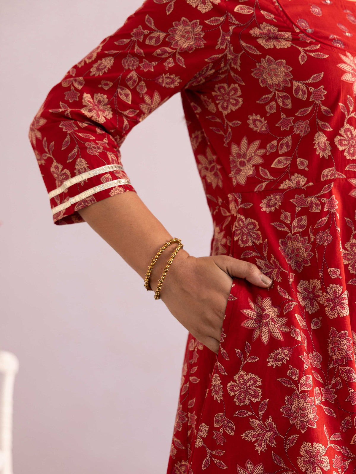 Embroidered Soft Cotton Floral Anarkali Maroon Kurta
