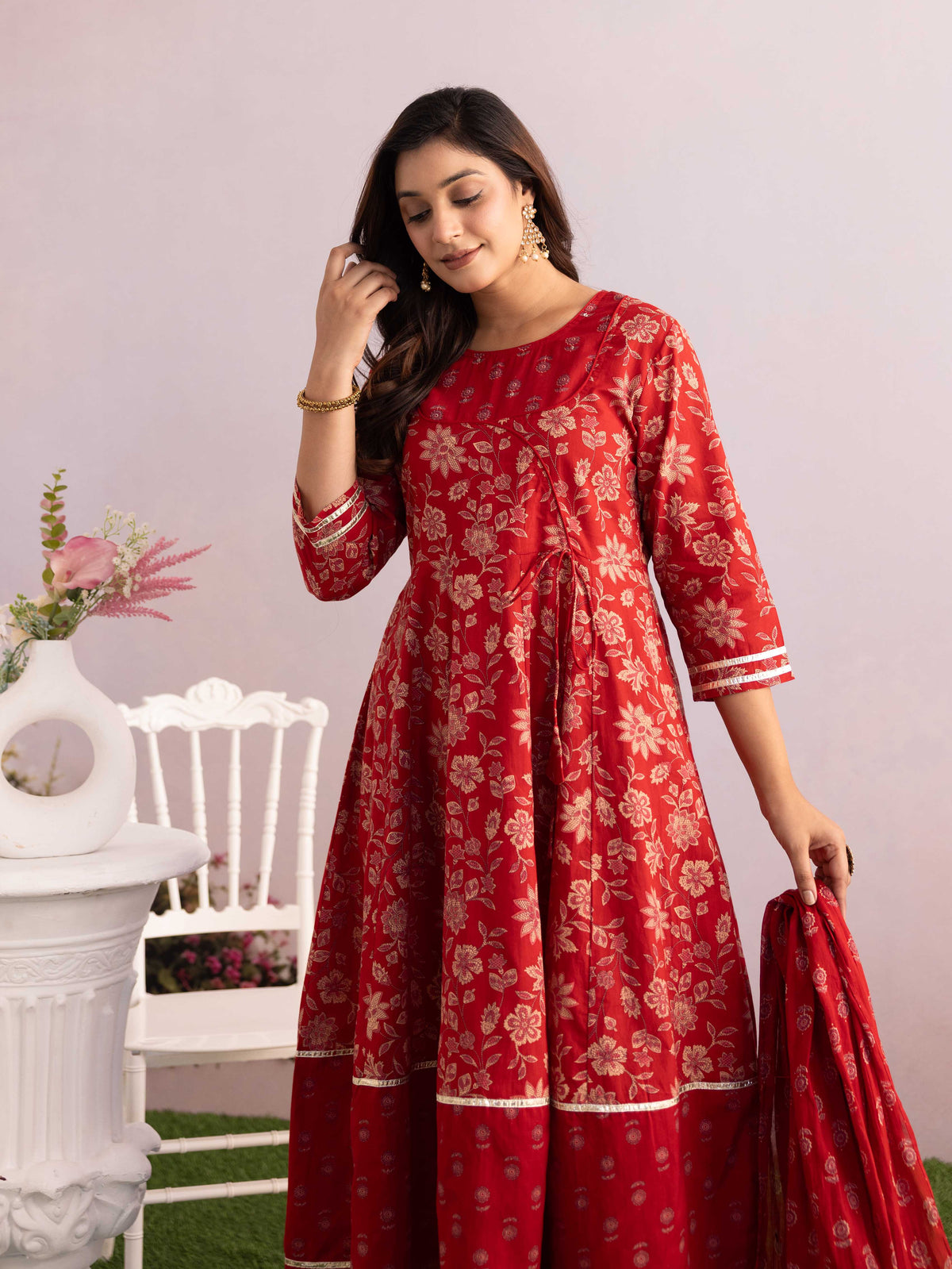 Embroidered Soft Cotton Floral Anarkali Maroon Kurta