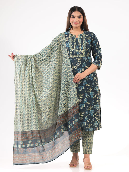 Voile Cotton Geometric Blue Dupatta