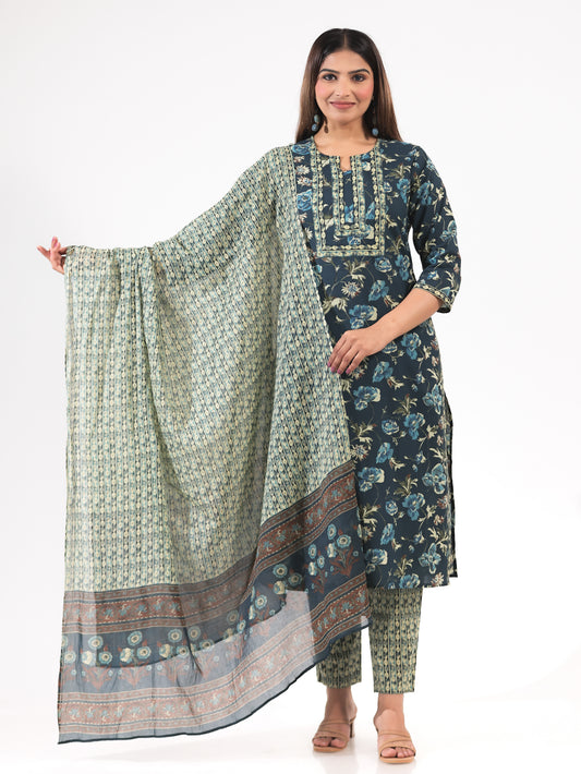 Soft Cotton Floral Straight Blue Kurta