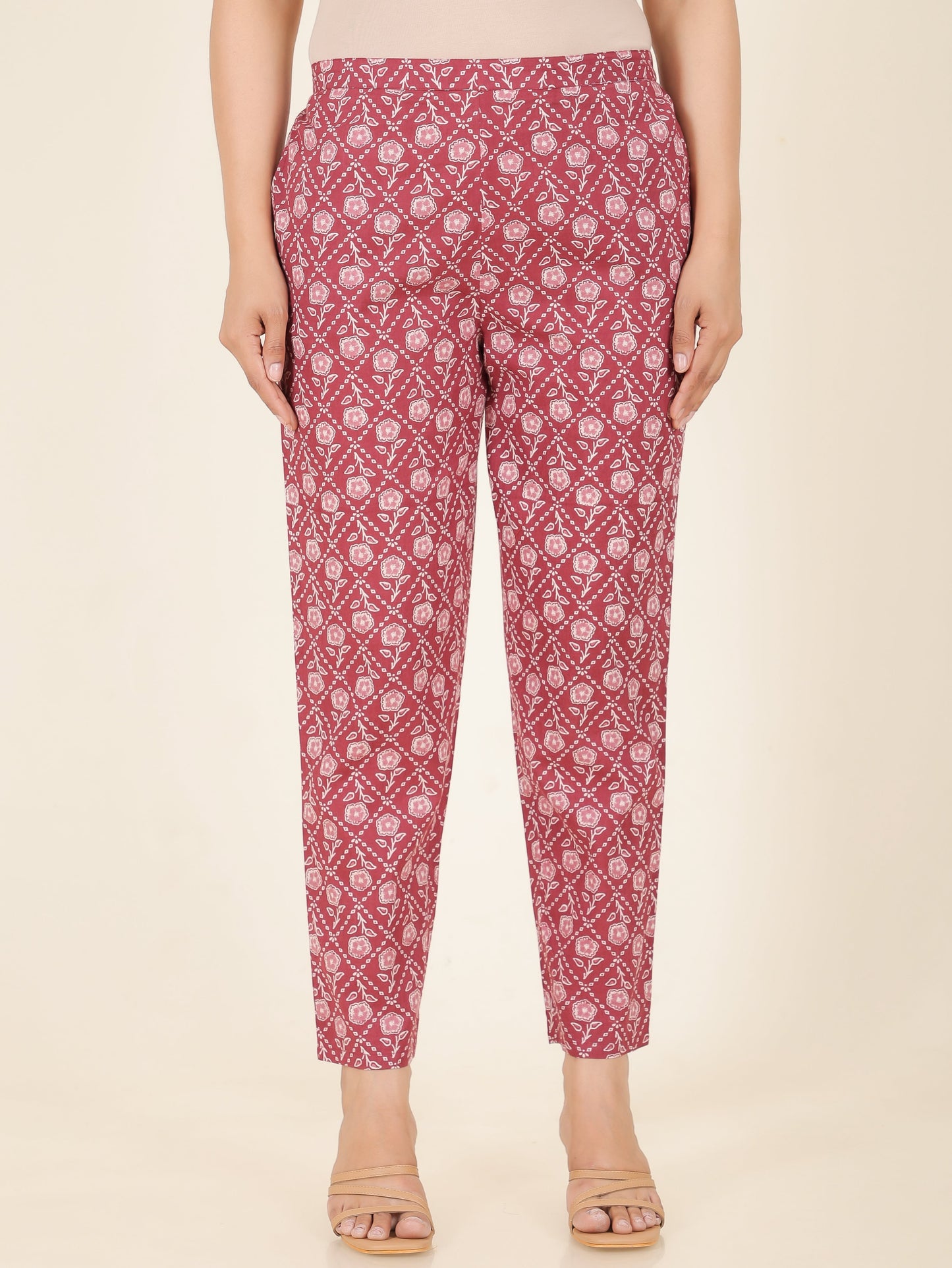 Soft Cotton Floral Pink Tapered Trousers