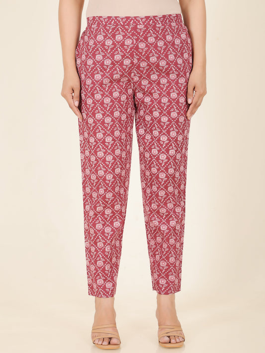 Soft Cotton Floral Pink Tapered Trousers