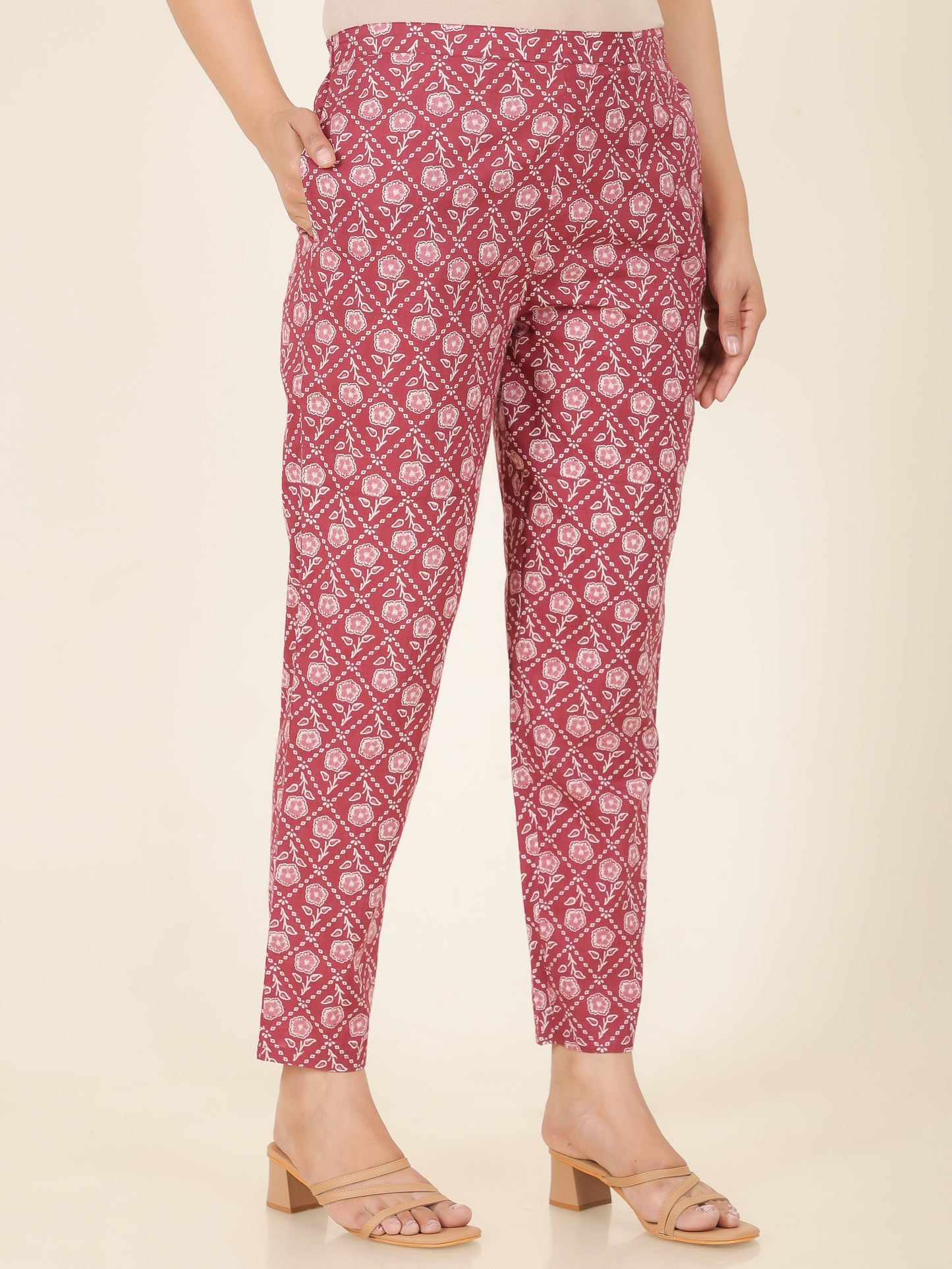 Soft Cotton Floral Pink Tapered Trousers