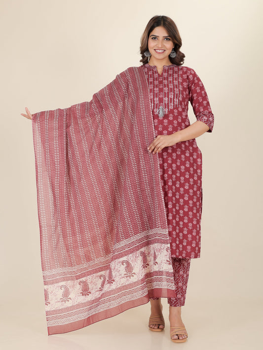 Cotton Voile Block Print Magenta Dupatta